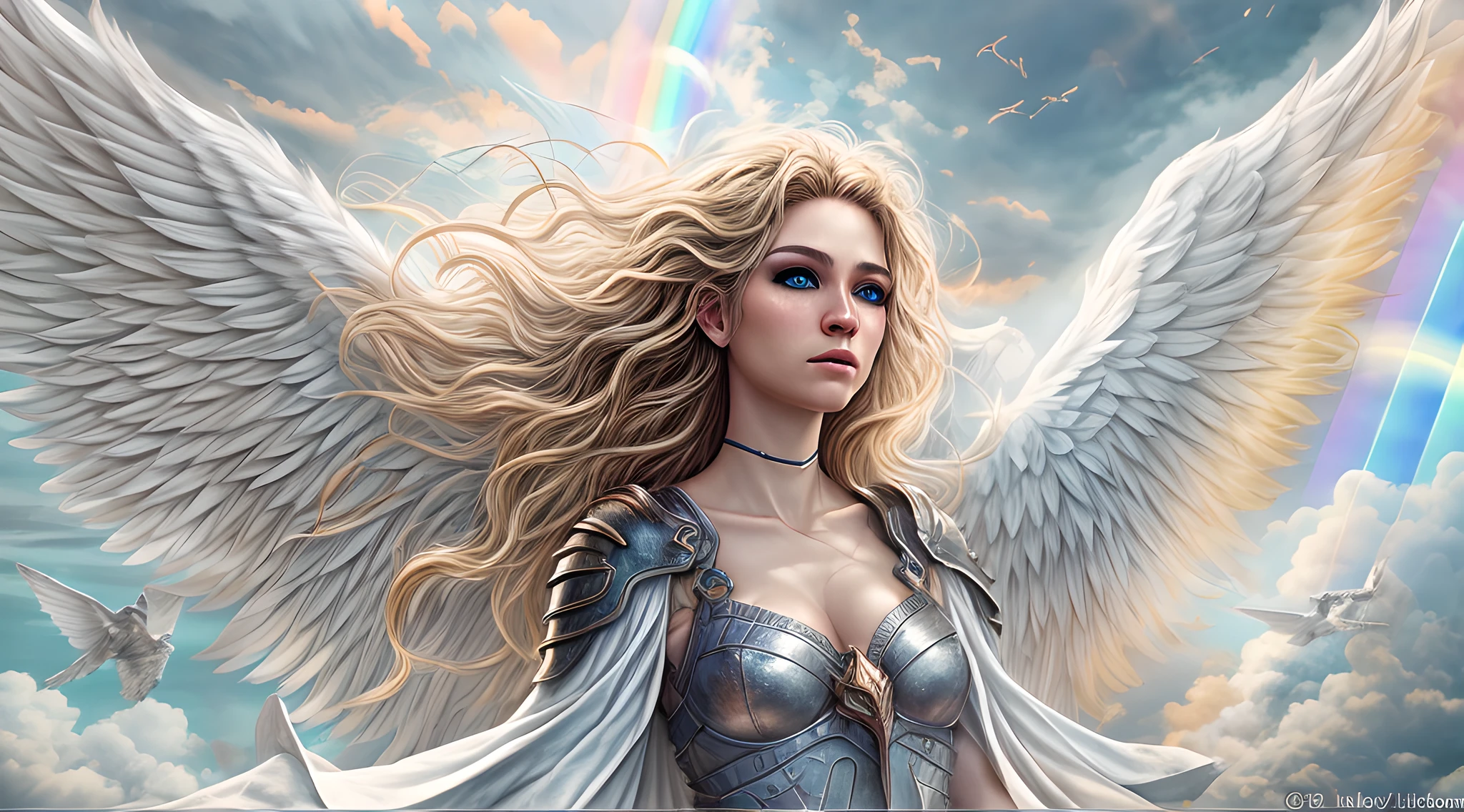 high details, best quality, 16k, [ultra detailed], masterpiece, best quality, dynamic angle, ultra wide shot, RAW, photorealistic, fantasy art, realistic art, a picture of an archangel flying in a the sky between the clouds, fantasy art, RPG art, a full distance shot, full body, an epic beautiful female archangel, blond hair, long hair, (wavy hair: 1.2), (blue eyes: 1.2), intense eyes (best detailed face: 1.3), (ultra feminine: 1.3) spread angelic wings angel_wings,  (rainbow highlights rainbow colored wings: 1.5) wearing heavy armor, (with glowing divine sigils: 1.2), light clouds in the background, a n epic (rainbow: 1.5) between the clouds, 16k, ultra detailed, masterpiece, best quality, ultra detailed, full body, ultra wide shot, photorealistic,