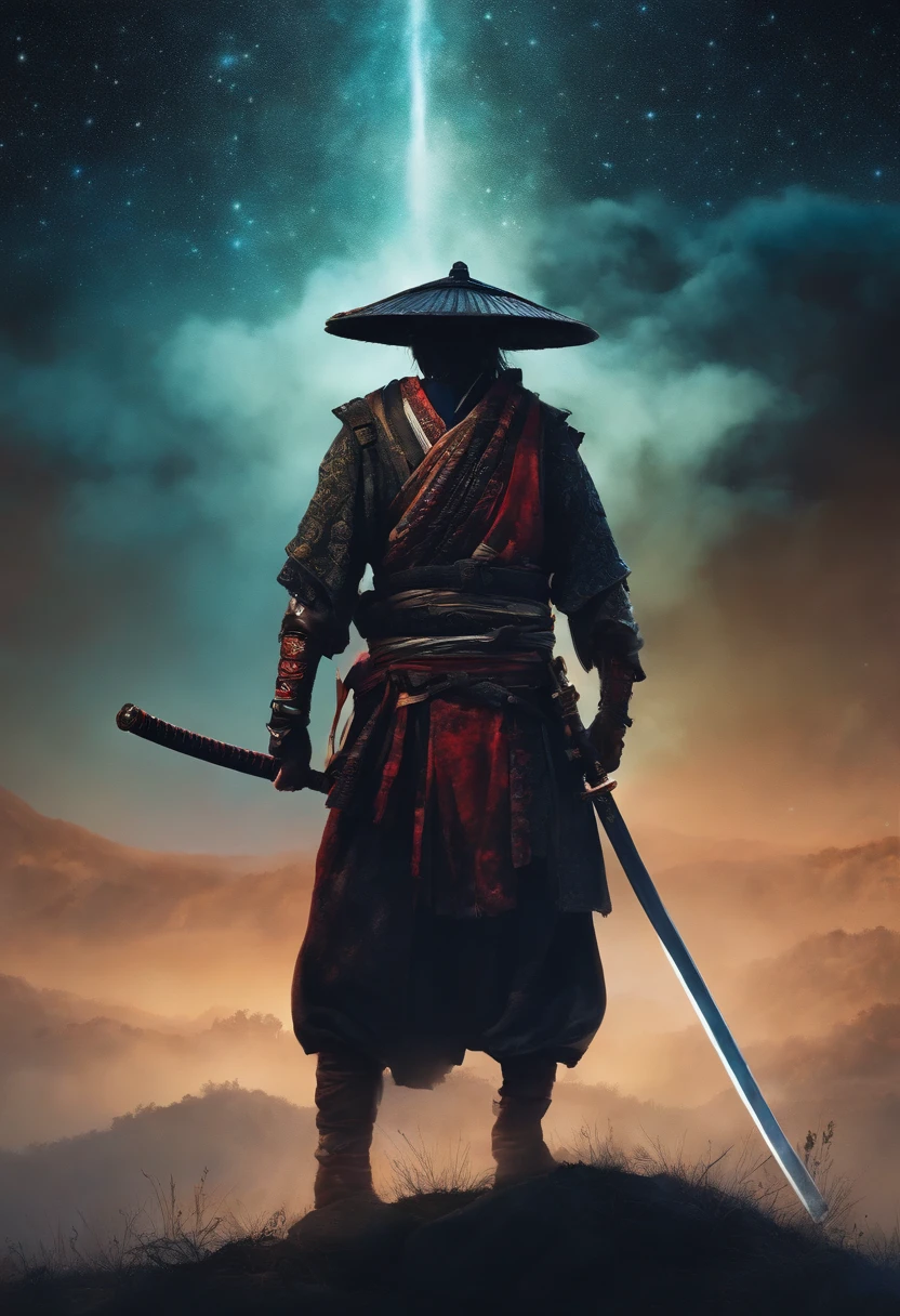 Painting of a zombie samurai holding a katana, Starry skies and mist shroud the landscape.