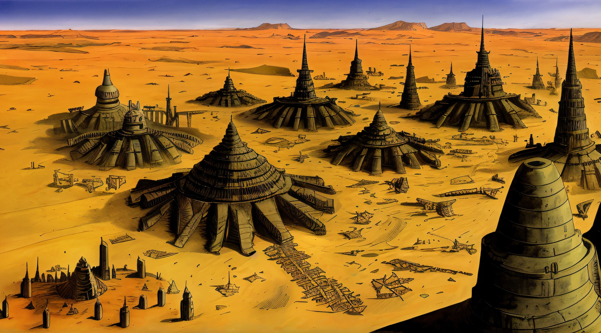 enki bilal,philippe druillet,moebius inspired french comics art "a vast desert filled with colossal, rusting machines of war, half-buried in the sand, a dying sun casting long shadows over the scene, adding to the eerie sense of a long-forgotten battlefield", the contrast in colors and textures should be distinct highly detailed,surreal,vibrant yet slightly desaturated