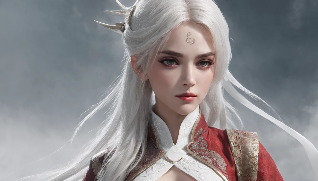 Cirilla Fiona Elen Riannon,动态照明,art stations,poster for,Volumetriclighting,Very detailed faces,4k wallpapers,He has a delicate and beautiful face,long hair flowing,horse tailed,Fringed Hair Ornament,Dynamic perspective,White Hanfu,White gauze flying,red waistband,Sexy,Tradition Chinese Ink Painting,Surrounded by clouds,fog atmosphere,Ride a white dragon,White dragon horn,dynamic viewing angle,电影灯光