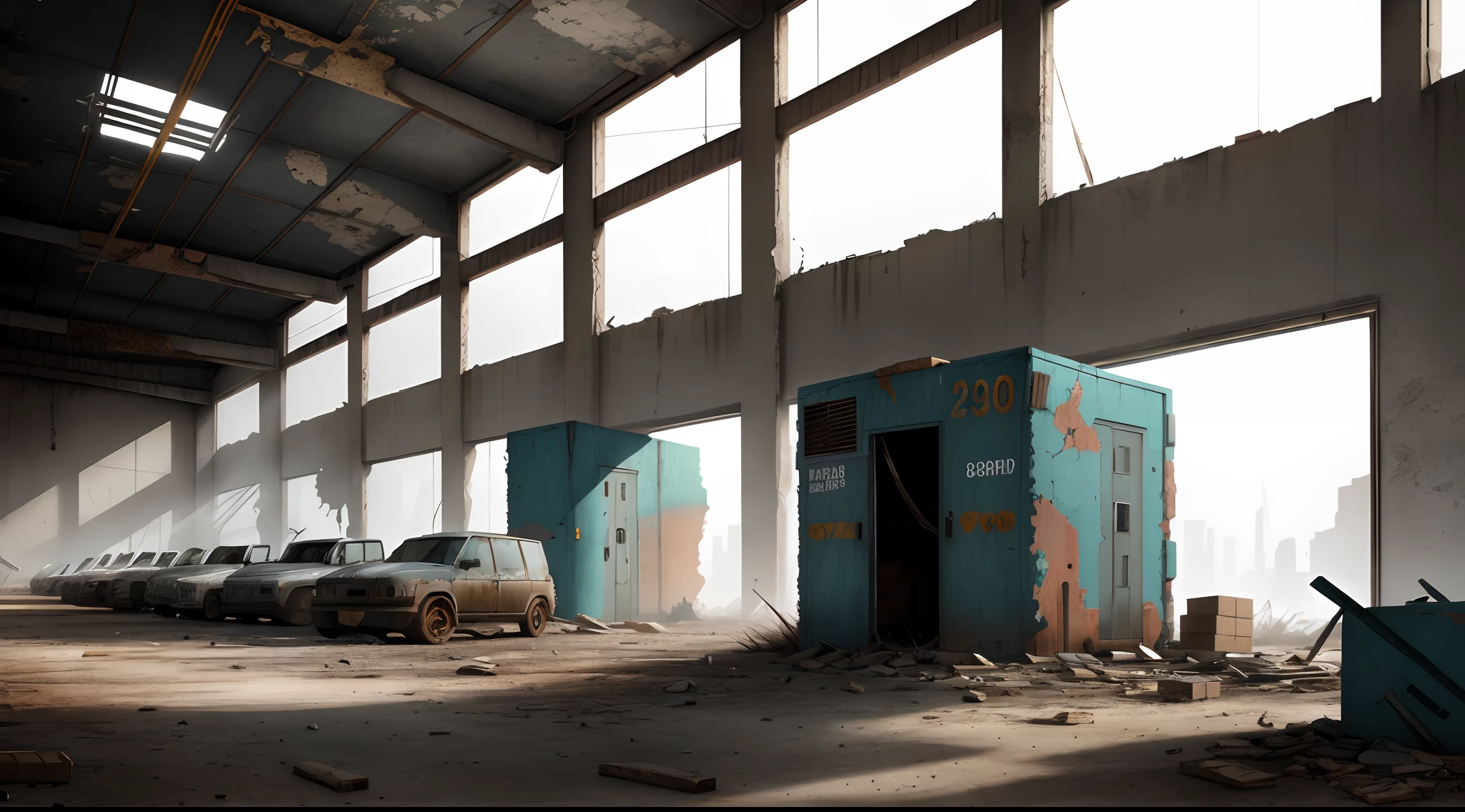 An abandoned warehouse in the apocalypse, with many safes and abandoned machinery piled up in the warehouse. Vehicles, weapons