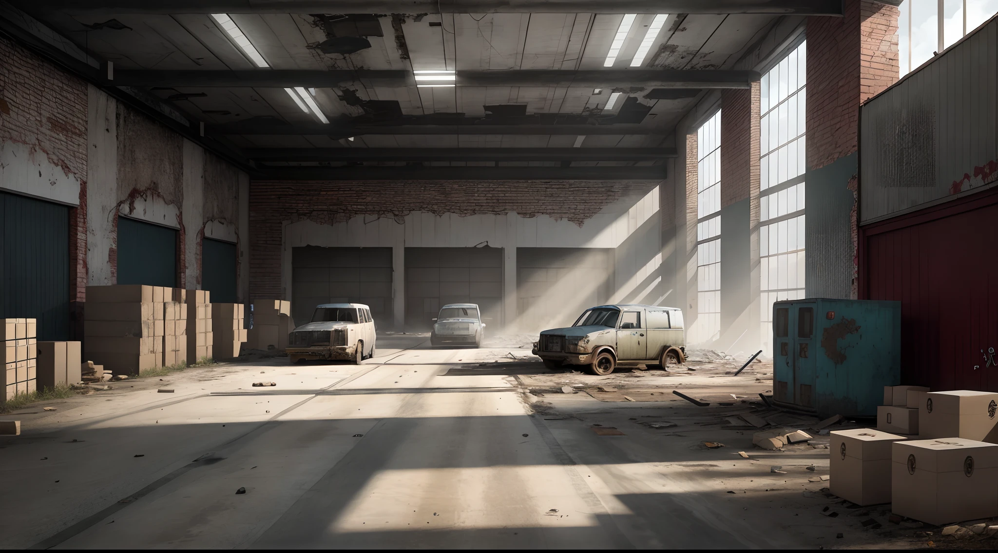 An abandoned warehouse in the apocalypse, with many safes and abandoned machinery piled up in the warehouse. Vehicles, weapons