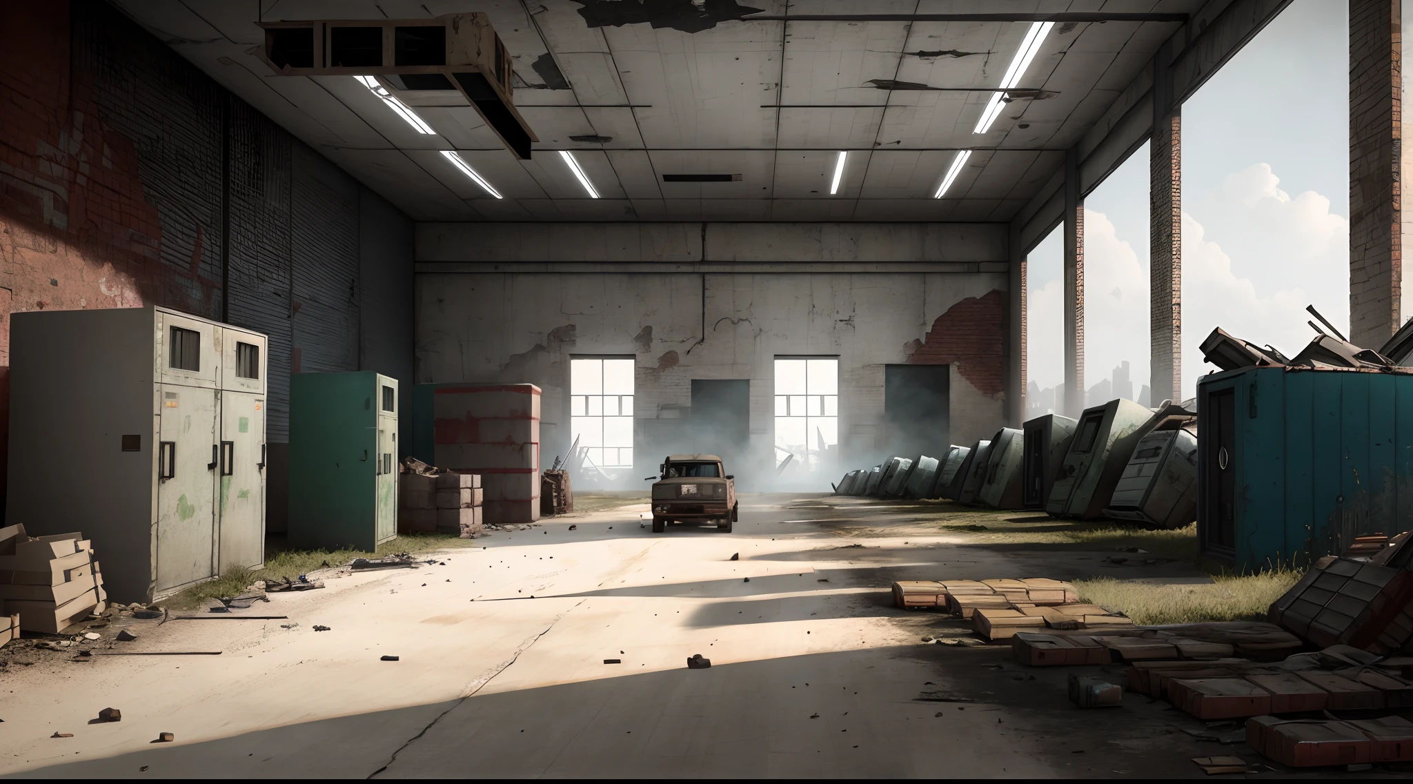 An abandoned warehouse in the apocalypse, with many safes and abandoned machinery piled up in the warehouse. Vehicles, weapons