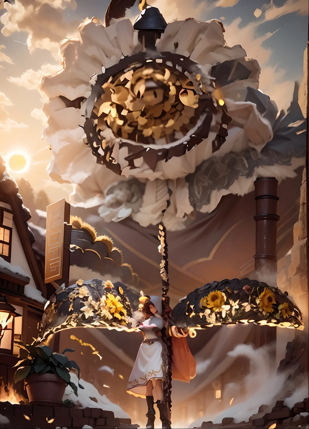 In a very grand scene,The extra-large wide-angle lens captures the appearance of a female centaur。She is a Sunflower Worship nun,Always opposed(Healing smiley face of knitted sunflower puppet😊:99.99)DOA。She is tall,It has the ultimate curvy beauty,The muscles are slender and firm,Beautiful lines。She has(Super huge sky blue eyes:99.99)、always(Wearing sexy glasses:6.66)、(She wears solemn nun attire:9.9)、Stepping on a boot-style skyscraper-heel、A pink cross hangs on his chest。Use Midjourney's advanced tools,Designed for female centaurs(A knitted sunflower puppet and create a super healing cartoon smiley face in the center of the flower tray as a decoration:9.9),and noble and solemn nun costumes,and highlight her unique physiological characteristics and appearance details,Add realism。And in the context of her prayers and listening to confessions,Spectacular views of nature,Such as the sky where storms and sunny days alternate、Brilliant rivers of stars and auroras、The snow-capped summit of Mount Everest、Fireworks in the mountain town, etc。ao mesmo tempo,Away from the hustle and bustle next to the chapel,Create a fantastic scene。Use Midjourney's advanced tools and multiple color palettes、Brush Strokes、Texture tools and model packages,It shows a sense of atmosphere where beauty and charm coexist。The charm of the female centaur is highlighted through color and lines,Enhance realism with detailing,Create a surreal dreamy feeling。Additionally,Use Midjourney's tools to add various exorcism props and books to the female centaur、pergaminhos,Create intricate hairstyles and outfits,Give her a sense of premium。She never flinches,No matter what monster you encounter,can respond quickly,Even the most extreme armies of natural disasters and monsters could not stop her and her front(Sunflower with Tyndall effect that emits sunlight9.99)。Use Midjourney's powerful tools,You can do it with incredible detail and beauty,Bring this ultra-grand and beautiful scene to life。Ultra-grand scenes,s