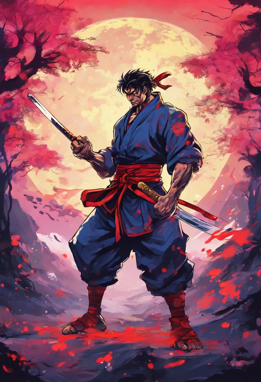 Draw zombie samurai holding a katana, Starry skies and mist shroud the landscape.
