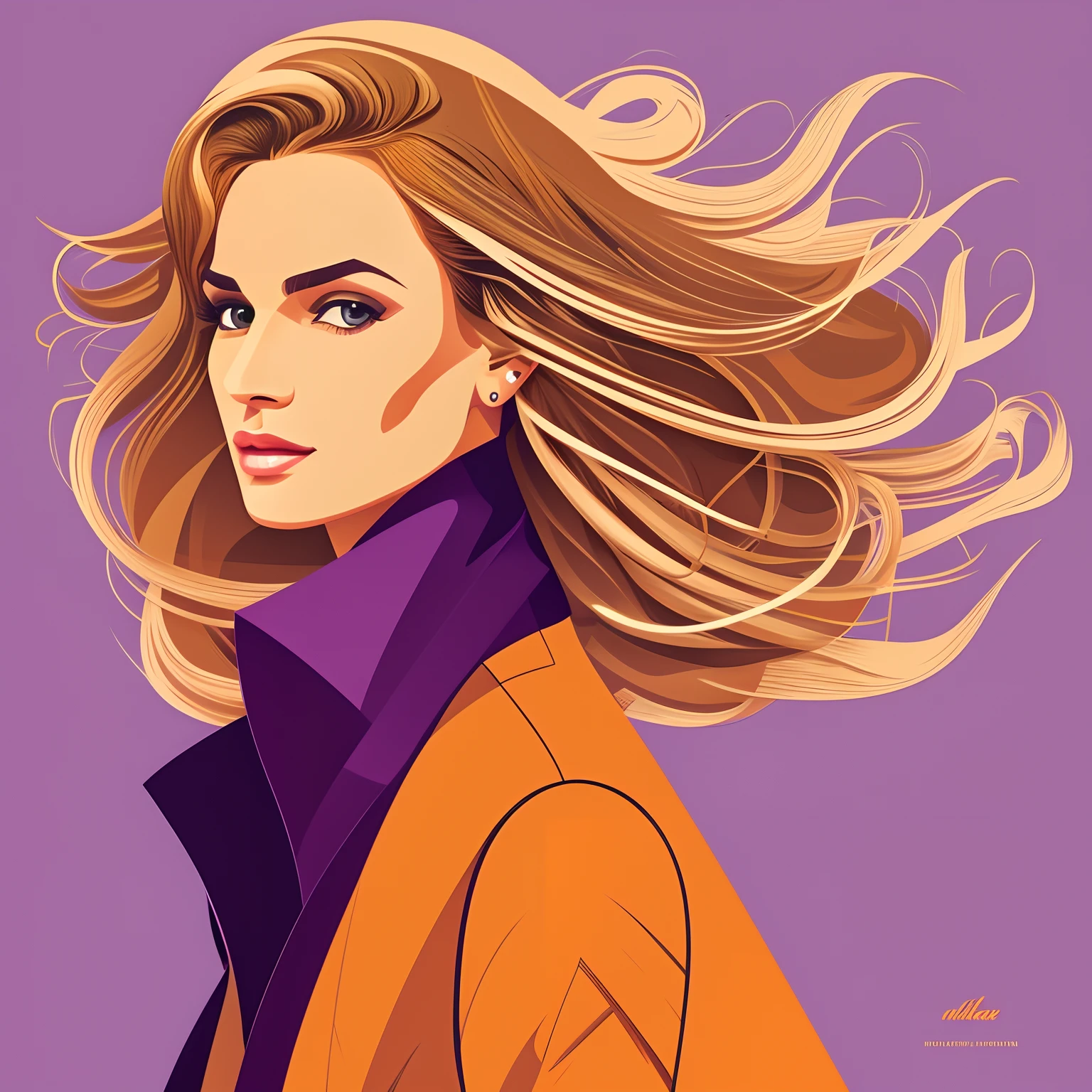 Malika favre vector art, elegant woman, windy light brown blonde thin hair, beautiful face, jacket, slim, fashion, flirty, purple, orange color, gracefulness, modern art