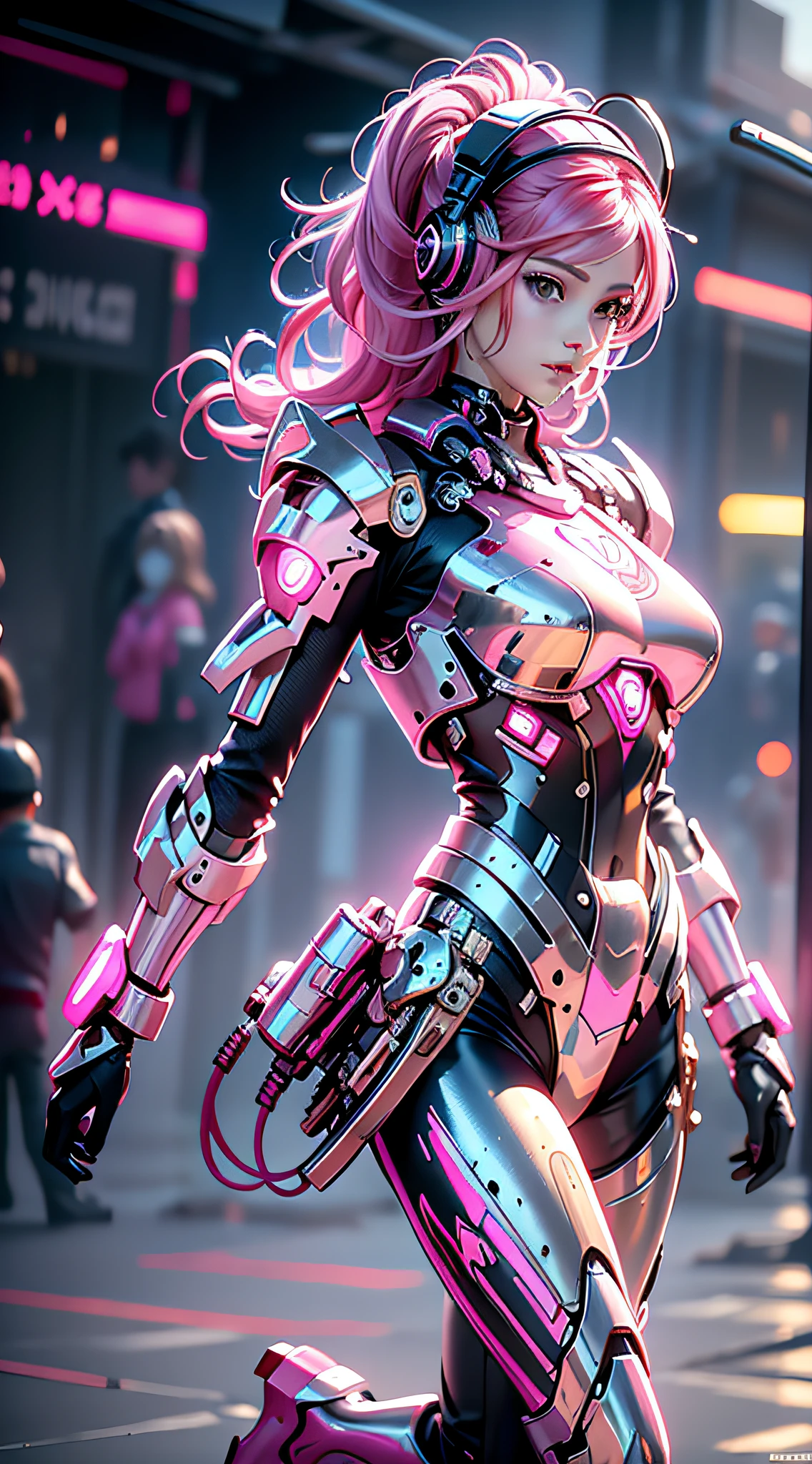 Pink mech female warrior,18-year-old girl,Nice face,HD ratio,The atmosphere of the planet Pandora,Diverse perspectives,Complicated details,Headsets