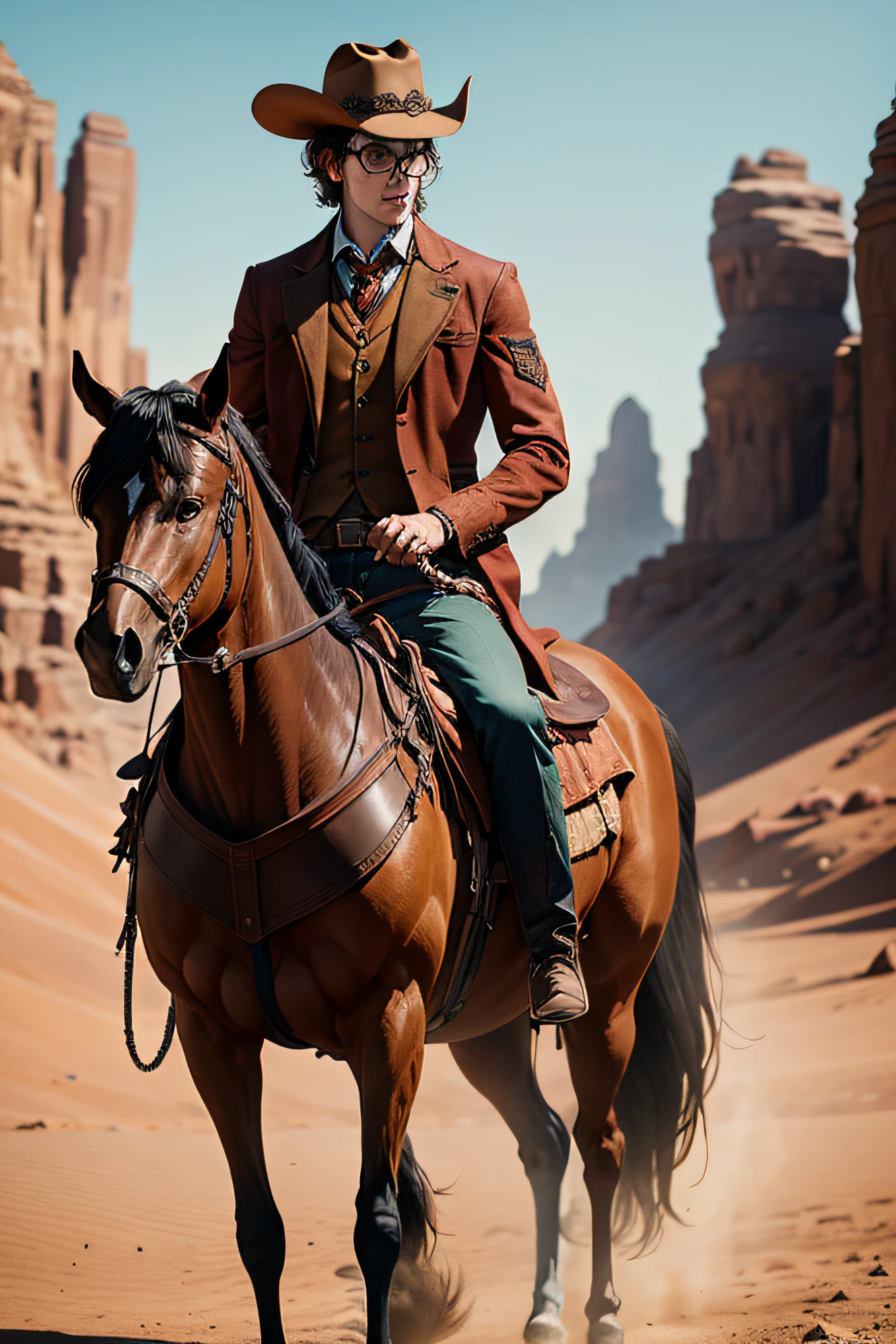 Harry potter in a western cowboy styled theme standing next to his horse, desert, ultra hd, 8k, realistic,