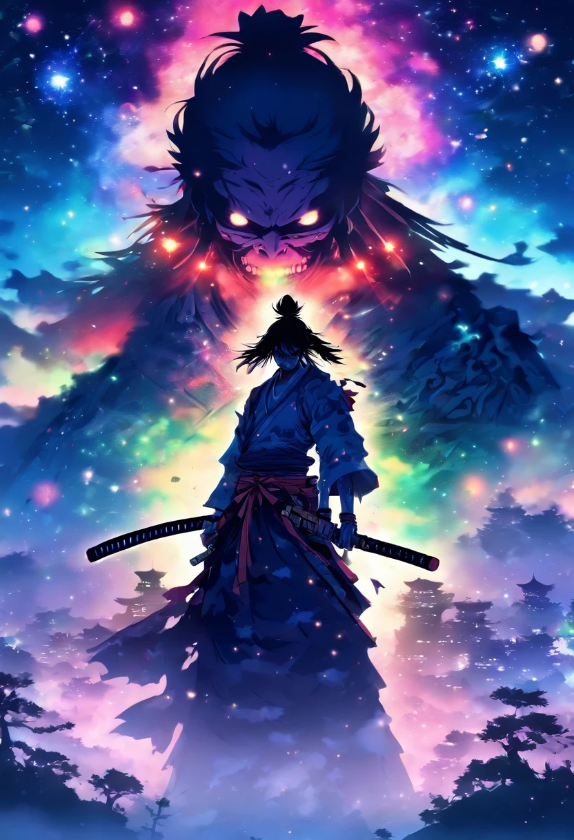 Draw zombie samurai holding a katana, Starry skies and mist shroud the landscape.