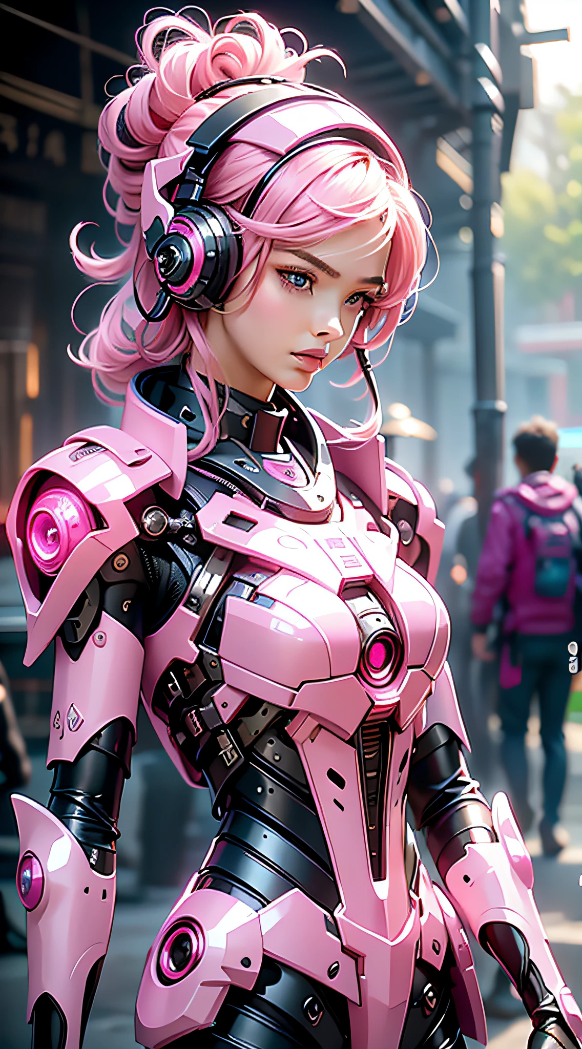 Pink mech female warrior,18-year-old girl,Nice face,HD ratio,The atmosphere of the planet Pandora,Diverse perspectives,Complicated details,Headsets