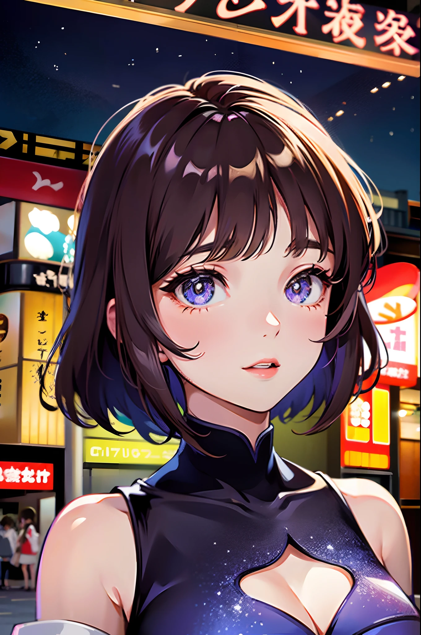 beautiful girl looking at us in Tokyo city night time, not showing hands, uplcose face only