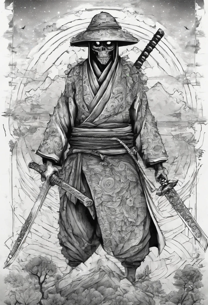 Draw zombie samurai holding a katana, Starry skies and mist shroud the landscape.