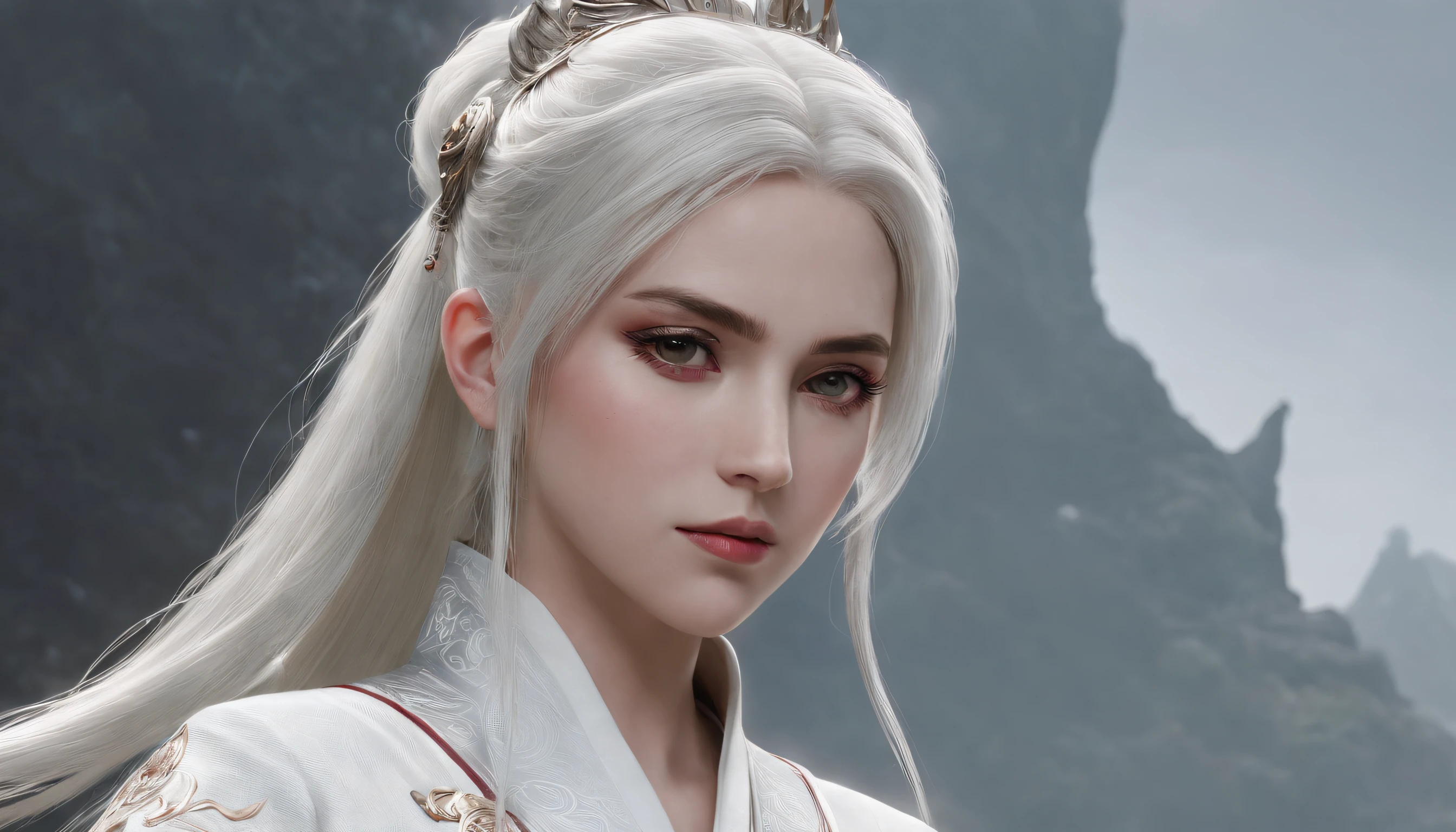 Cirilla Fiona Elen Riannon,动态照明,art stations,poster for,Volumetriclighting,Very detailed faces,4k wallpapers,He has a delicate and beautiful face,long hair flowing,horse tailed,Fringed Hair Ornament,Dynamic perspective,White Hanfu,White gauze flying,red waistband,Sexy,Tradition Chinese Ink Painting,Surrounded by clouds,fog atmosphere,Ride a white dragon,White dragon horn,dynamic viewing angle,电影灯光