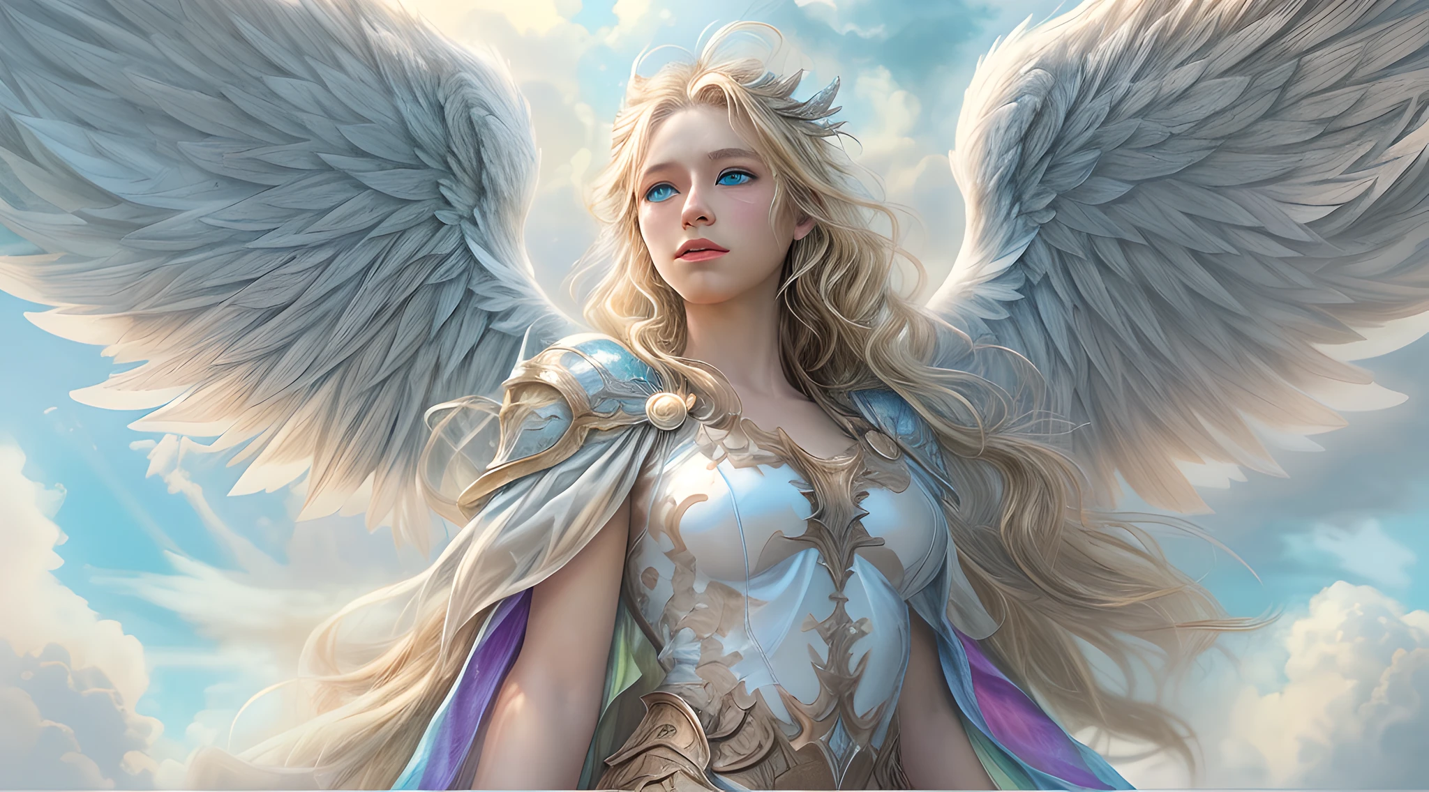 high details, best quality, 16k, [ultra detailed], masterpiece, best quality, dynamic angle, ultra wide shot, RAW, photorealistic, fantasy art, realistic art, a picture of an archangel flying in a the sky between the clouds, fantasy art, RPG art, a full distance shot, full body, an epic beautiful female archangel, blond hair, long hair, (wavy hair: 1.2), (blue eyes: 1.2), intense eyes (best detailed face: 1.3), (ultra feminine: 1.3) spread angelic wings angel_wings,  (rainbow highlights rainbow colored wings: 1.5) wearing heavy armor, (with glowing divine sigils: 1.2), light clouds in the background, a n epic (rainbow: 1.5) between the clouds, 16k, ultra detailed, masterpiece, best quality, ultra detailed, full body, ultra wide shot, photorealistic, 2.5D rendering