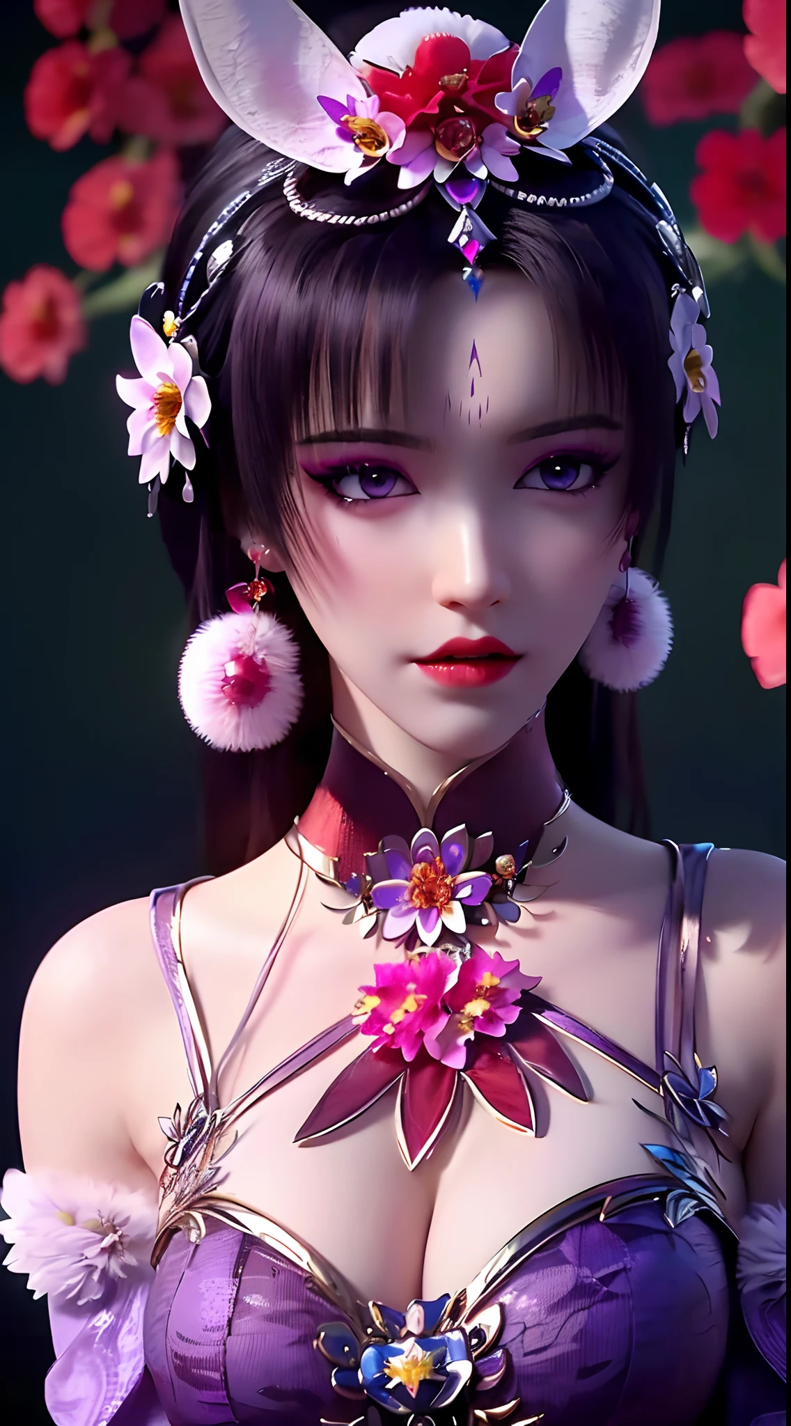 1 beautiful and sexy 20 year old girl, ((wearing a super thin purple dress:1.8)), a dress with diamonds, ((long platinum hair:1.6)), bangs, ((pastel pink hairpin:1.2)), jewelry elaborately made from precious stones and beautiful hair, ((wearing a black lace necklace:1.4))), the noble, noble style of an extremely beautiful girl, her small face is super cute, her face is very pretty, thin eyebrows, flawless beautiful face, ((black eye pupils: 0.8)), very beautiful eyes, ((purple eyes: 1.5)), nice makeup and hair detailed eyelashes, steamy eye makeup, high nose, earrings, red lips, ((closed mouth: 1;5 )) beautiful lips, slim hands, most beautiful thighs, ((arms spread out to the sides: 1.5) ), rosy face, clean face, flawless beautiful face, smooth white skin, (big breasts: 1.5)), ((high breasts: 1.6) ), tight breasts, beautiful cleavage, (((big breasts and super round: 1.8))), ((super tight breasts: 1.7)) , beautiful breasts, back arms, chest out, thin black mesh stockings with black lace trim, 8k photo, super high quality, super realistic, super 10x pixels, optical, bright studio, bright edges, dual-tone lighting, (high-detail skin:1.2), super 8k, soft lighting, high quality, volumetric lighting, photorealistic, photorealistic high resolution, lighting, best photo, 4k, 8k quality, blur effect, smooth sharp, 10 x pixel, ((red flower background:1.7)), aurora, lightning, super graphics realistic, most realistic graphics, alone, solo, Extremely sharp image, surreal, girl's upper body, (((frontal portrait: 1.2)))."