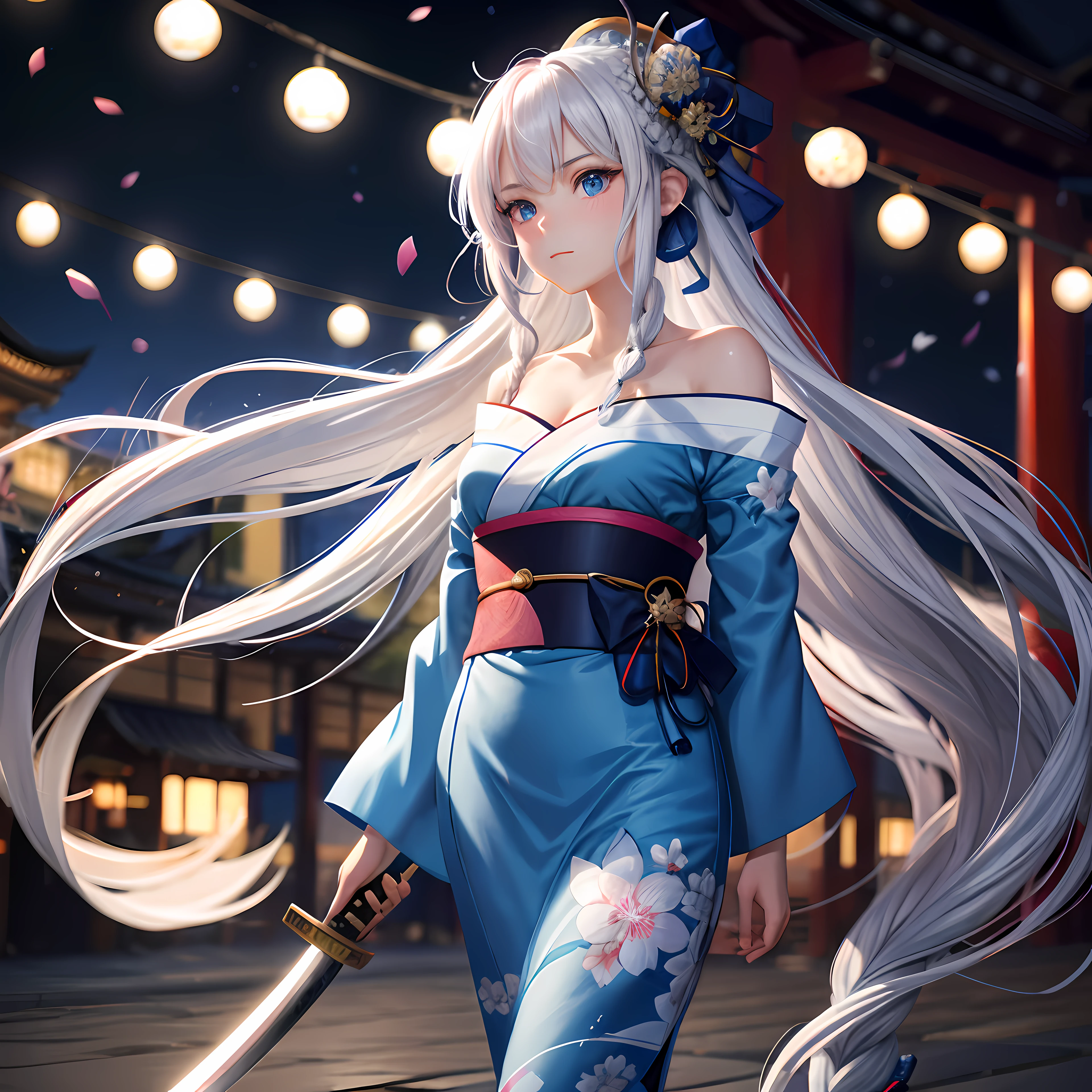 anime, 1 lady, long white hair braided and blue eyes, hair blowing, katana, off-shoulder blue yukata, kyoto, night, Sakura petals