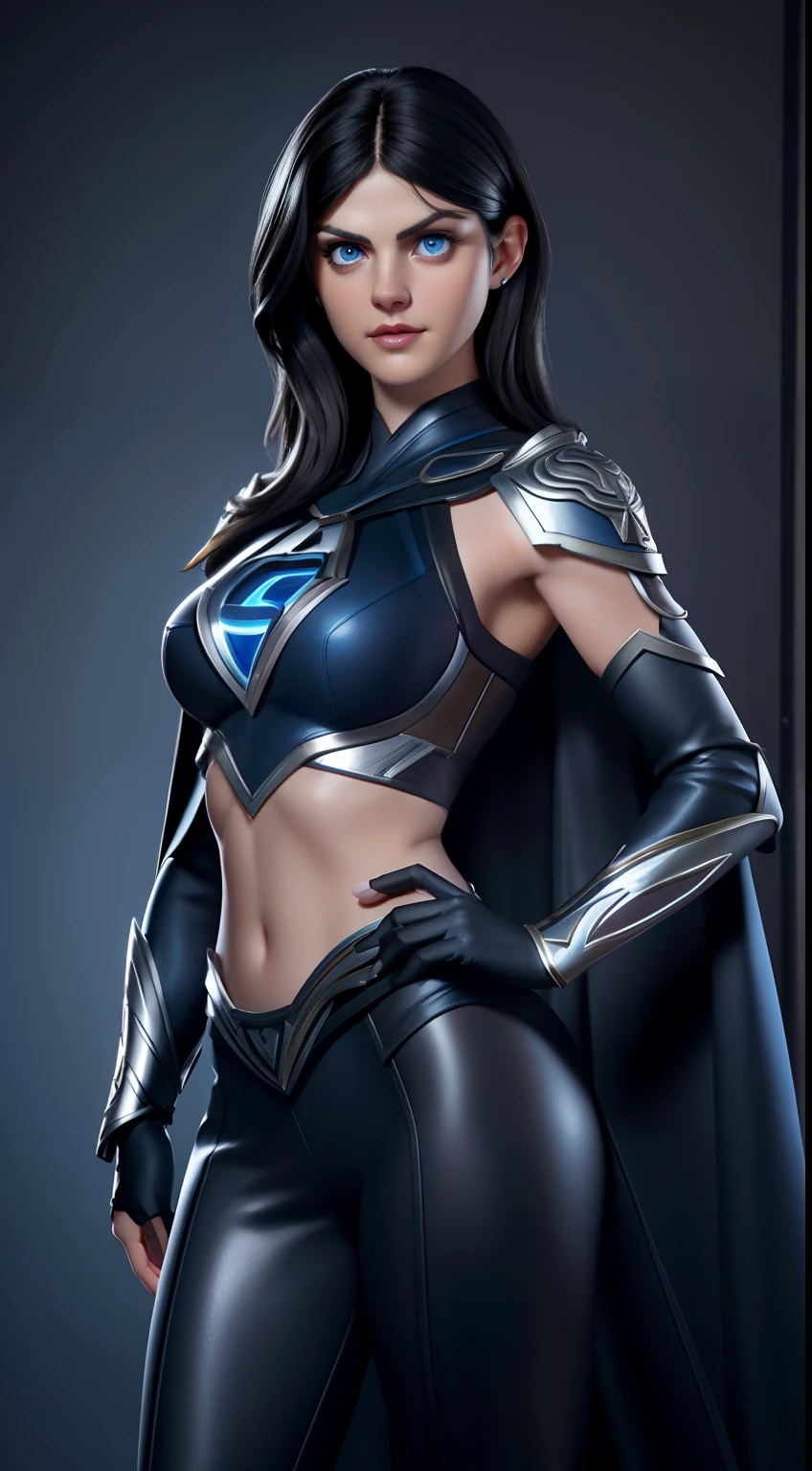 Sexy alexandra daddario as a superheroine goddess shoulder length black hair glowing blue eyes wears a black outfit silver shoulder pads silver bracelets revealing abs midriff a Z symbol on her chest, and a cape portrait photography by artgerm, in the style of realism, glistening skin,, natural lighting, Defined full lips. Muscular fitness feminine body full body