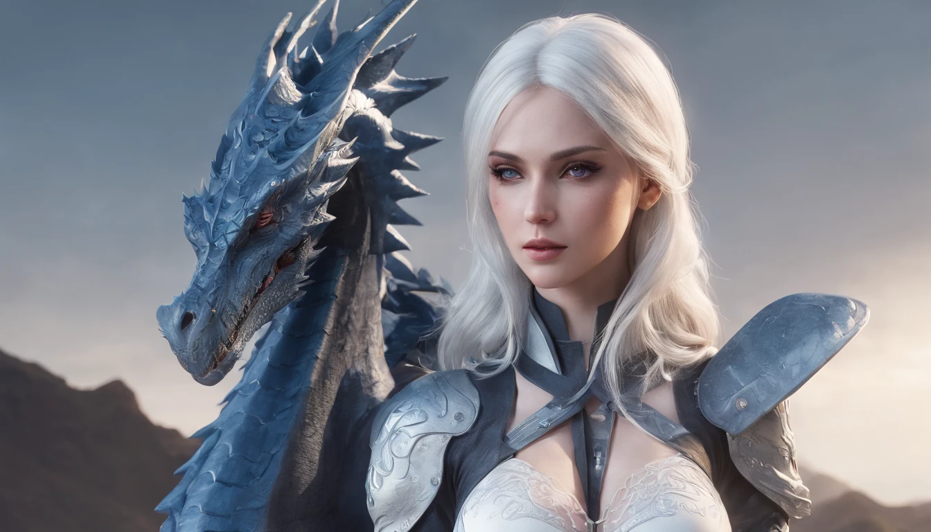 Cirilla Fiona Elen Riannon，Highest image quality，Outstanding details，超高分辨率，（Fidelity：1.4）, Favor the details，closeup cleavage，Ride a dragon，High-tech dragon knight mech，He has a delicate and beautiful face，（（Blue-white flying semi-mechanical fuselage：1.8）），Raised sexy，frontage，Cidade futuristica，mechanically aesthetic，Virtual Engine 5，Perfect detail rendering，rendering by octane，hyper HD