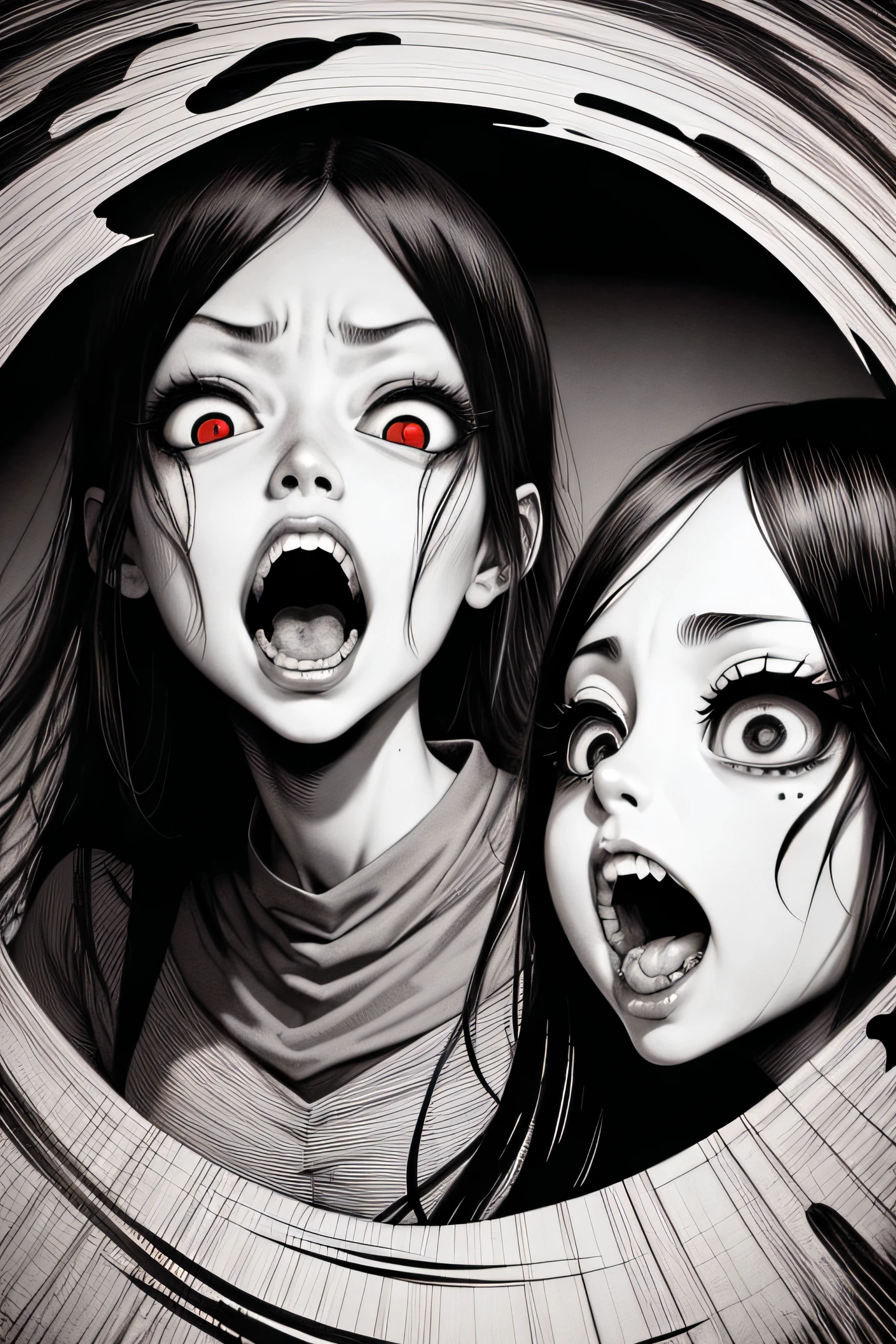 junji ito style, horror manga, black and white, one page manga style layout, no talking bubbles, yokai girl, super creepy, screaming gils who has a crazy eyes and huge mouth and super long black hair, grotesque, disgusting, bloody, terrifying, dynamic manga layout, horror, Junji Ito