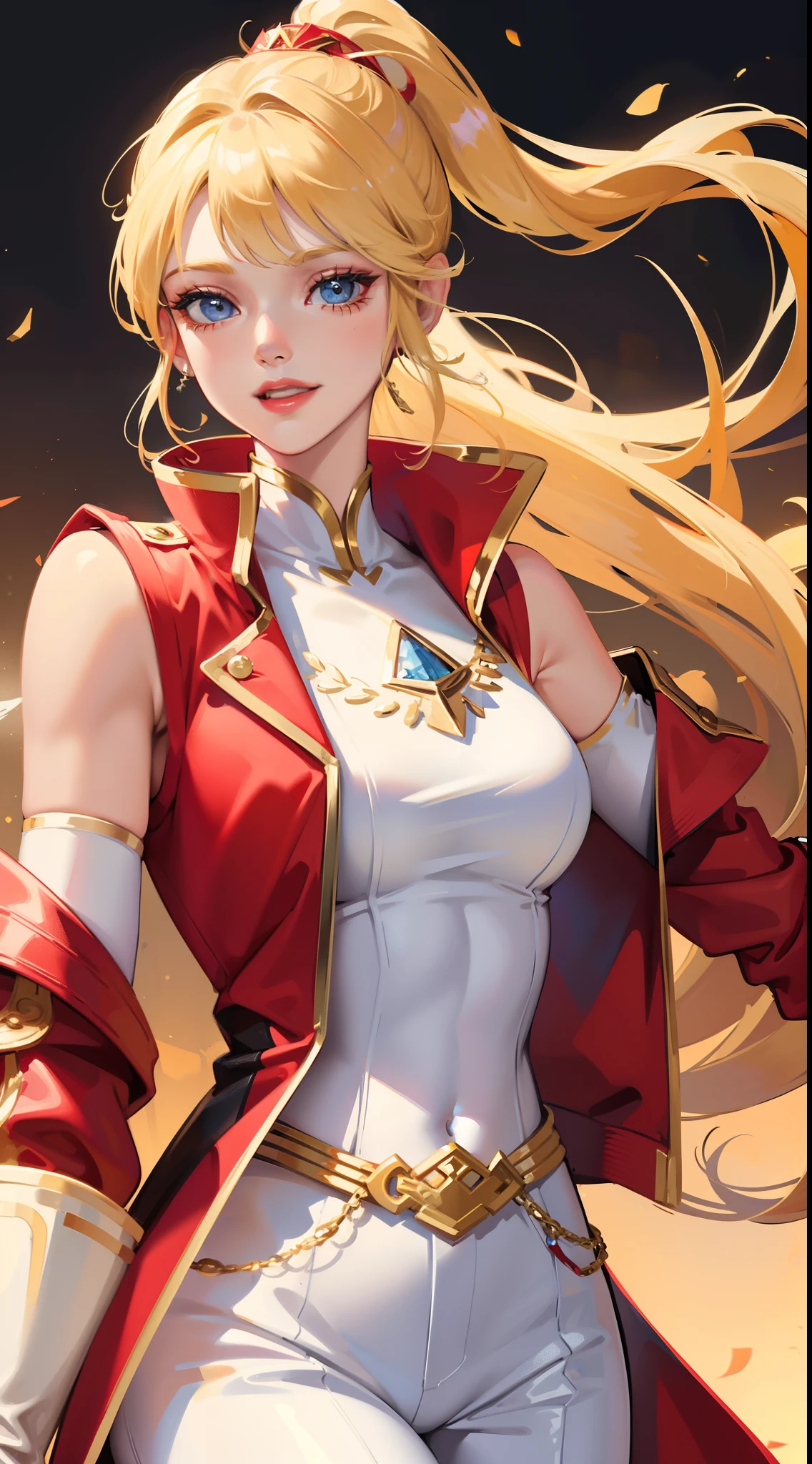 adult girl, short blonde hair, high ponytail, blue eyes, Smile, red jacket, white pants, diadem, Gold Elements, She-ra, Masterpiece, hiquality, 4k, HD, Good detail