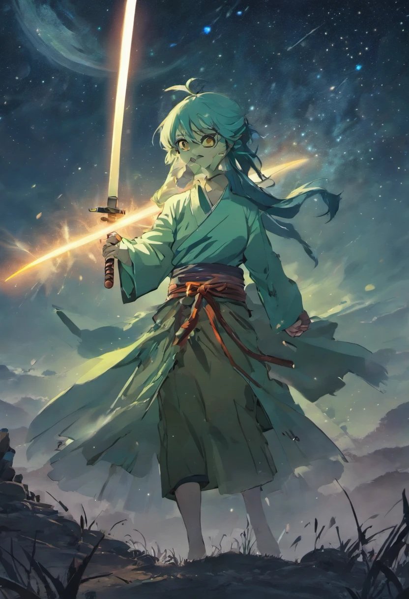 Draw zombie samurai holding a katana, Starry skies and mist shroud the landscape.