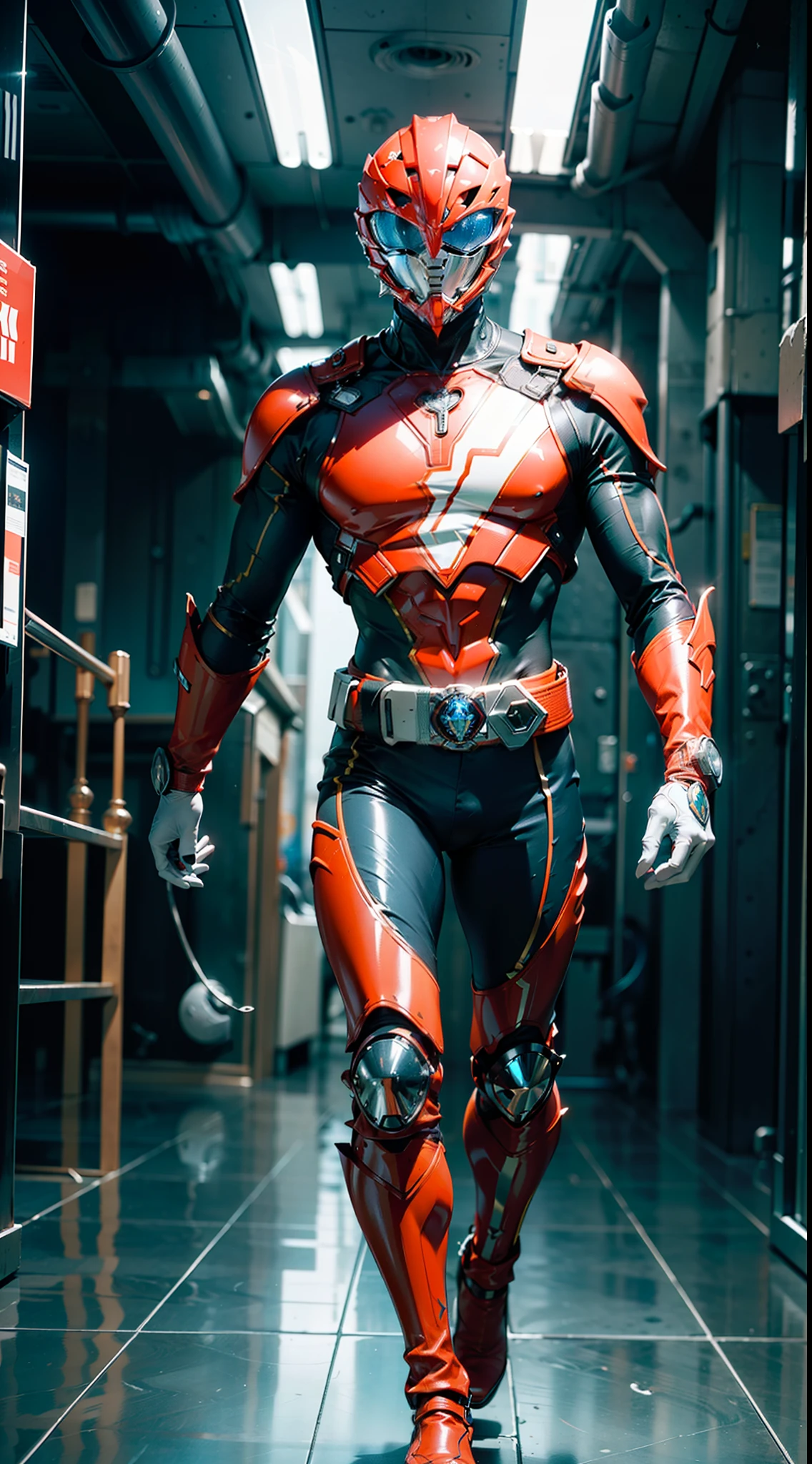 ((power ranger)), One guy、 Red costume, Solo, ((slim figure)), (Anatomically correct), Cowboy Shot, Masked face, (Complex cybersuit of red color), (Intricately designed hero suit), Suits with complex lines, Thin cybersuit with a tight body, long leather gloves up to the white elbows,,,,, Arm cover made of hard material, White Leather Boots, Wearing a full-face helmet, (White belt), (Large metal buckle), (full body suits), (Full face helmet with no exposed face), Crystal embedded in helmet, (Very shiny cybersuit), Cyber suit made of silk, A cybersuit that adheres to the body