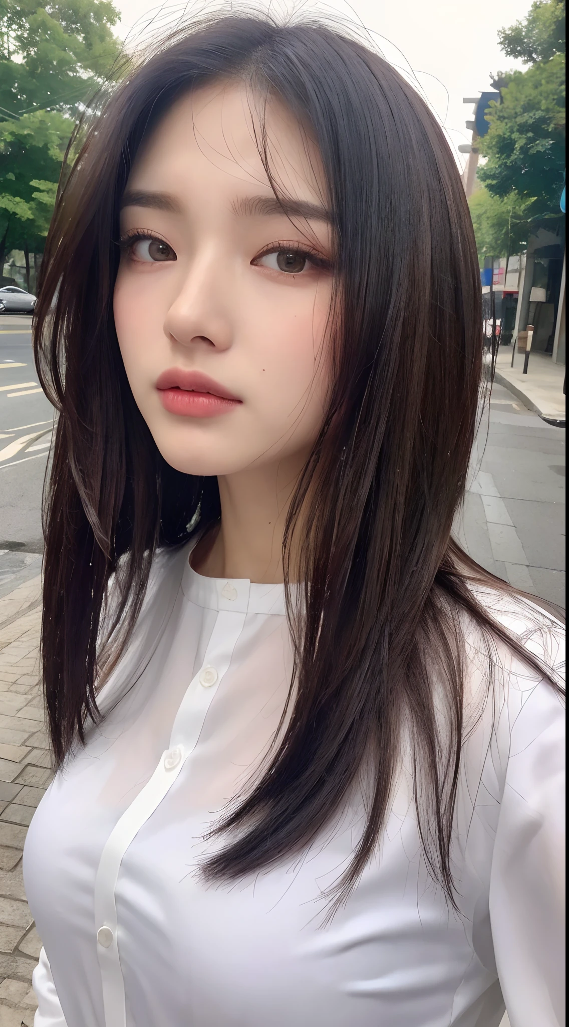 ((Best Quality, 8K, Masterpiece: 1.3)), Sharp: 1.2, Perfect Body Beauty: 1.4, Slim Abs: 1.2, ((Layered Hairstyle, Big Breasts: 1.2)), (Wet White Button Long Shirt: 1.1), (Rain, Street: 1.2), Wet: 1.5, Highly detailed face and skin texture, detailed eyes, double eyelids, side face looking at the camera