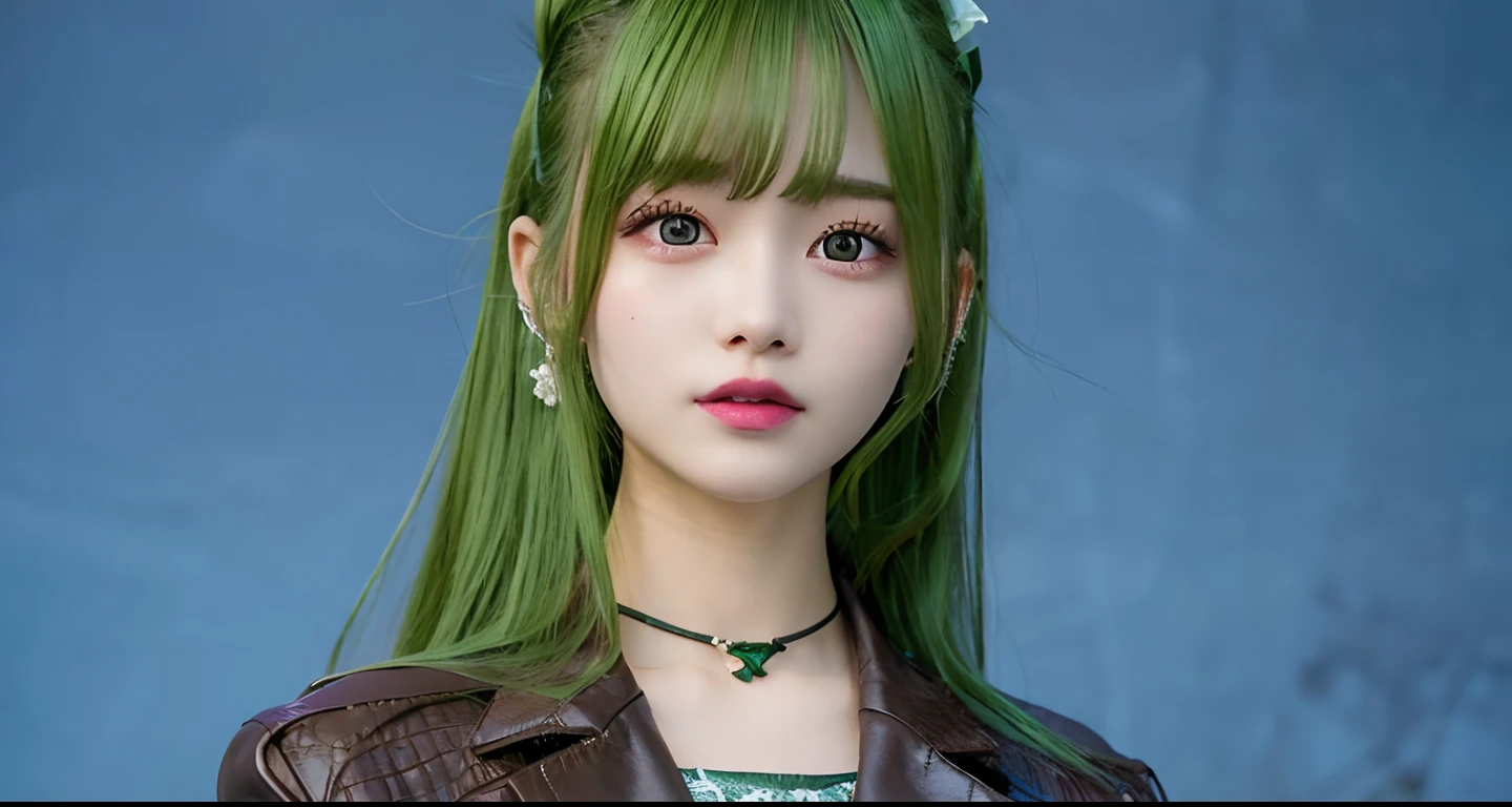 1girl, Winzi Brown jacket, Long hair, green hair, realistic, Ultra detail 70mm lens,