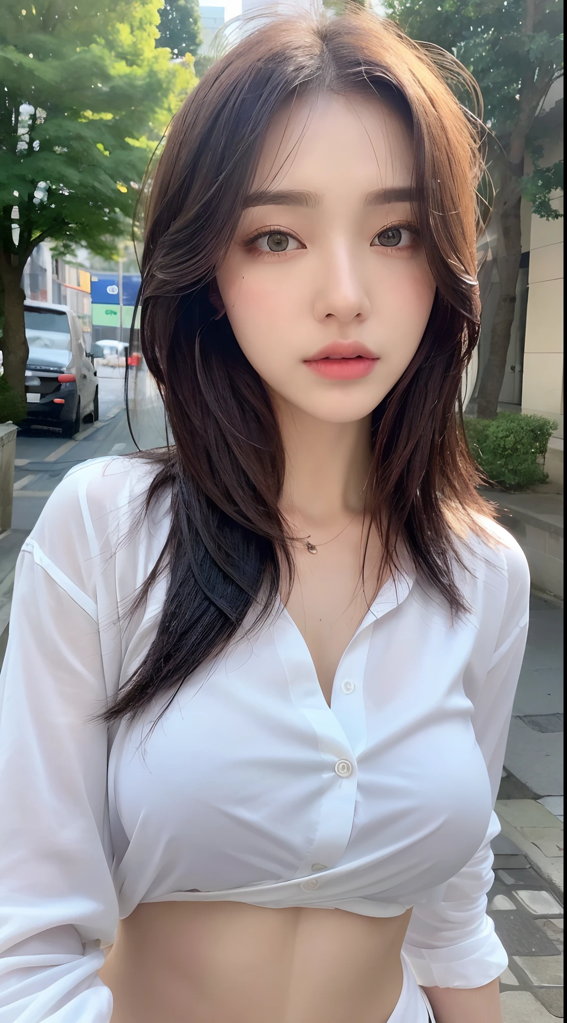 ((Best Quality, 8K, Masterpiece: 1.3)), Sharp: 1.2, Perfect Body Beauty: 1.4, Slim Abs: 1.2, ((Layered Hairstyle, Big Breasts: 1.2)), (Wet White Button Long Shirt: 1.1), (Rain, Street: 1.2), Wet: 1.5, Highly detailed face and skin texture, detailed eyes, double eyelids, side face looking at the camera