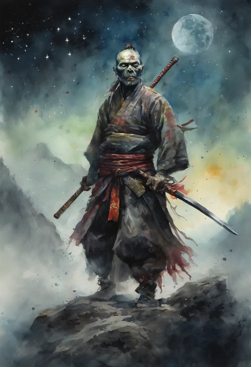 Draw zombie samurai holding a katana, Starry skies and mist shroud the landscape.