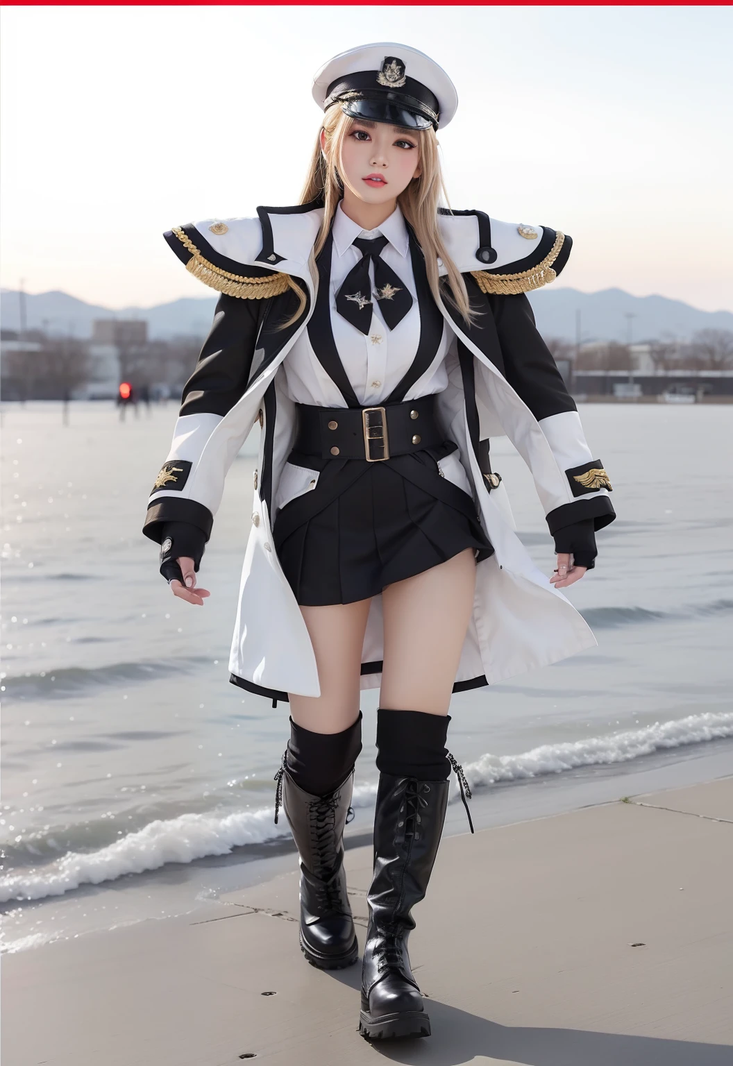 Idol in white gothic punk military uniform、large full breasts、beautiful foot、Blonde long hair、、Tight mini skirt、Good Style、、White Military Long Coat、long boots