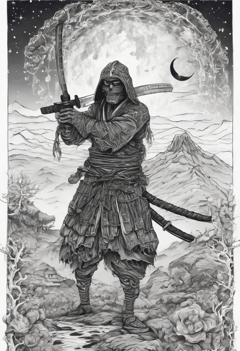 Draw zombie samurai holding a katana, Starry skies and mist shroud the landscape.
