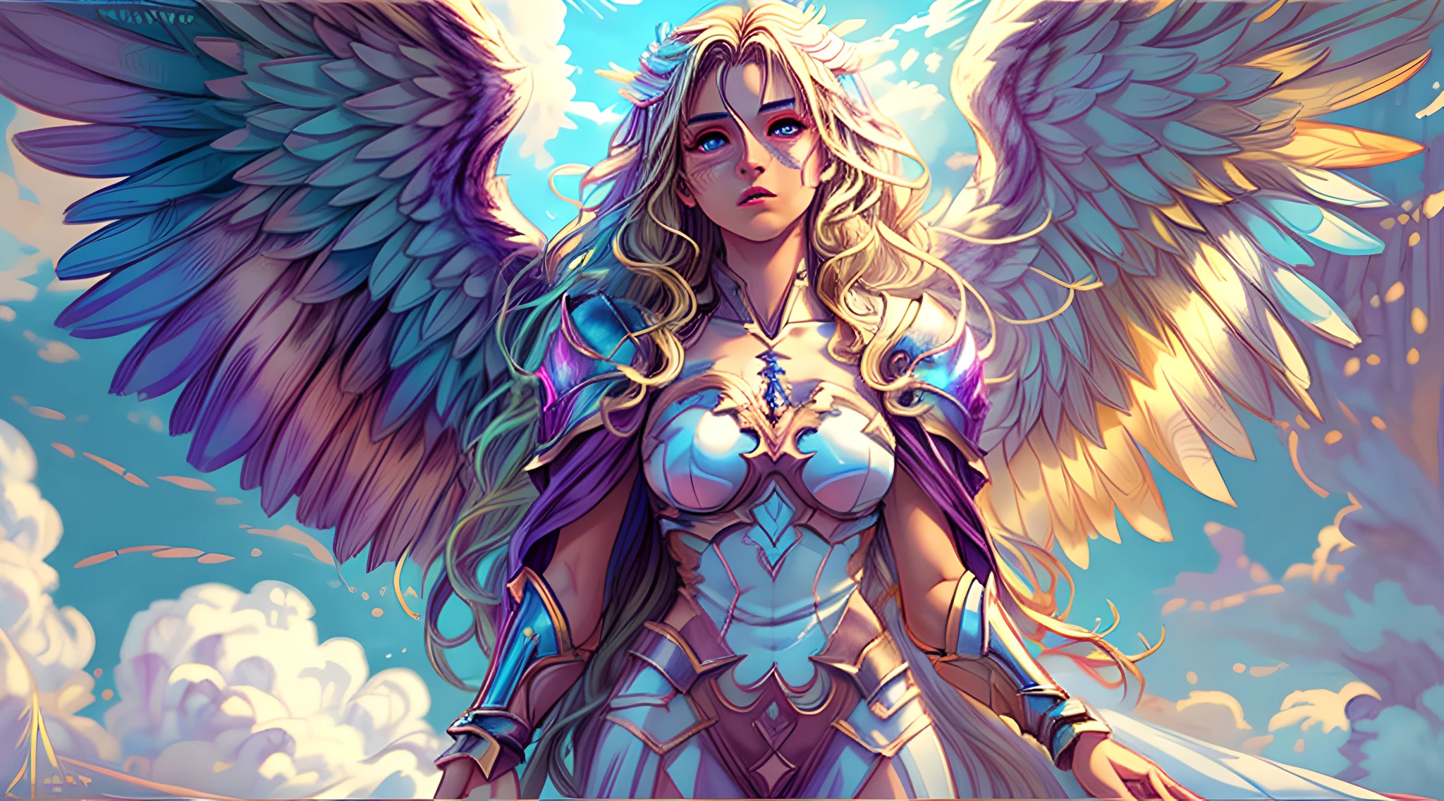 high details, best quality, 16k, [ultra detailed], masterpiece, best quality, dynamic angle, ultra wide shot, RAW, photorealistic, fantasy art, realistic art, a picture of an archangel flying in a the sky between the clouds, fantasy art, RPG art, a full distance shot, full body, an epic beautiful female archangel, blond hair, long hair, (wavy hair: 1.2), (blue eyes: 1.2), intense eyes (best detailed face: 1.3), (ultra feminine: 1.3) spread angelic wings angel_wings, (rainbow colored wings: 1.5) wearing heavy armor, (with glowing divine sigils: 1.2), light clouds in the background, a n epic (rainbow: 1.5) between the clouds, 16k, ultra detailed, masterpiece, best quality, ultra detailed, full body, ultra wide shot, photorealistic, 2.5D rendering