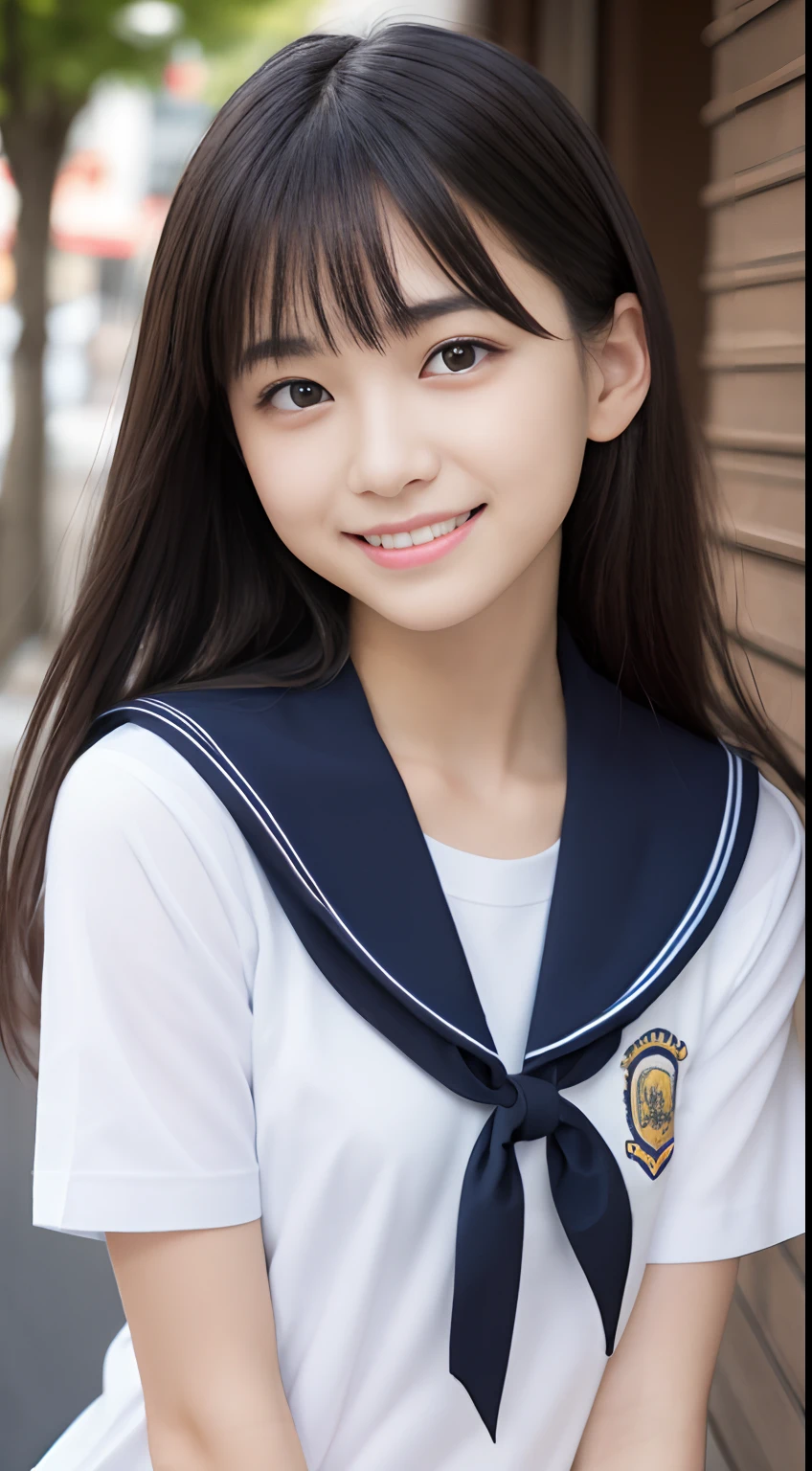 Close up of woman posing for photo,  Japanese Models, Beautiful Asian Girl, 18-year-old female model,  4K、bangss、A dark-haired、bobhair、Middle hair、Straight hair、(white  shirt, Sailor School Uniform, Dark blue pleated skirt:1.2),　(Super cute face in idol style:1.2)、slim and beautiful figure、beutiful breast、A smile、