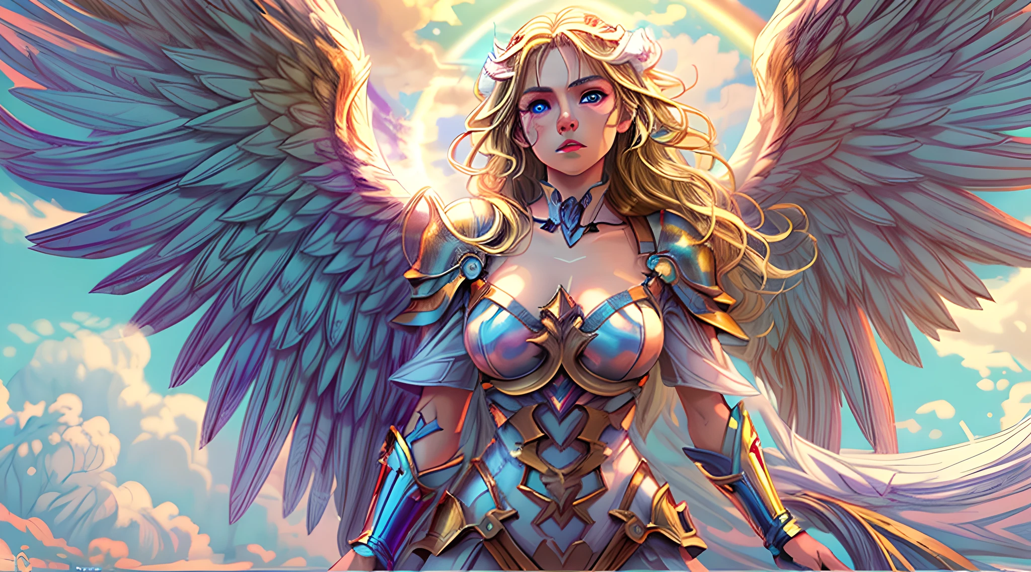 high details, best quality, 16k, [ultra detailed], masterpiece, best quality, dynamic angle, ultra wide shot, RAW, photorealistic, fantasy art, realistic art, a picture of an archangel flying in a the sky between the clouds, fantasy art, RPG art, a full distance shot, full body, an epic beautiful female archangel, blond hair, long hair, (wavy hair: 1.2), (blue eyes: 1.2), intense eyes (best detailed face: 1.3), (ultra feminine: 1.3) spread angelic wings angel_wings, (rainbow colored wings: 1.5) wearing heavy armor, (with glowing divine sigils: 1.2), light clouds in the background, a n epic (rainbow: 1.5) between the clouds, 16k, ultra detailed, masterpiece, best quality, ultra detailed, full body, ultra wide shot, photorealistic, 2.5D rendering