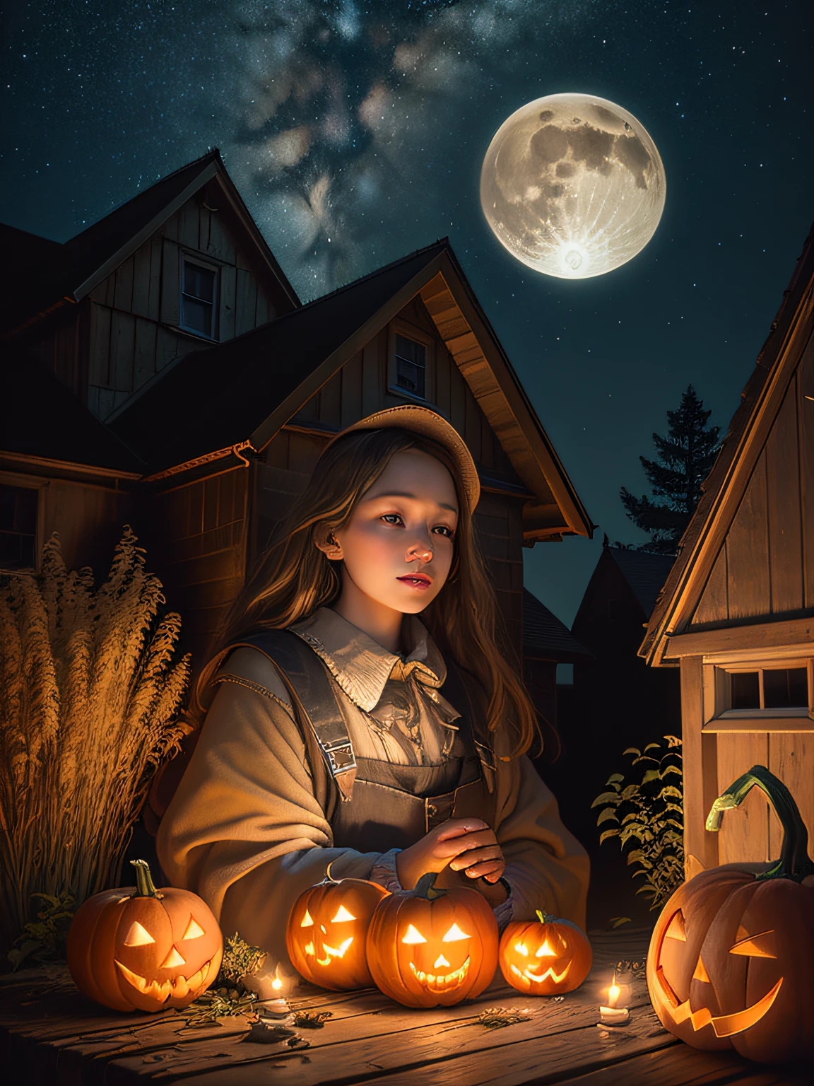 ((masterpiece)),((best quality)),((high detial)),((realistic,))
a scarecrow in front of an old house inside a cornfield in the countryside and Halloween pumpkins with candles burning on them, night sky, glowing stars, full moon, in the style of Photo real, hyper-realistic, high dynamic range, rich colors, lifelike textures, 8K UHD, high color depth, Nikon D 850, Kodak Portra 400, Fujifilm XT