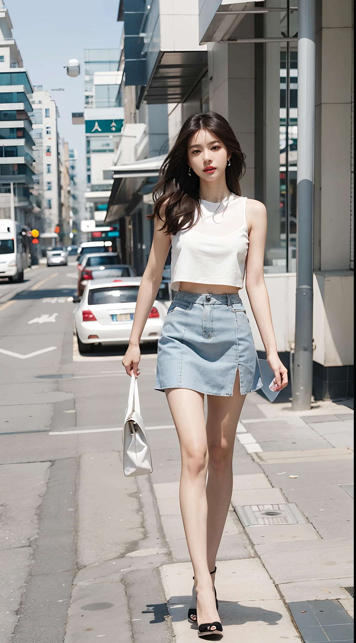 Very beautiful asian woman walking down the street in skirt and crop top, grey skirt, korean female fashion model, transparent gray skirts, wearing crop top and miniskirt, photo of slim girl model, wearing a tanktop and skirt, white shirt and grey skirt, skinny waist and thick hips, wearing white skirt, Trendy clothes, white trendy clothes、very large breast、Gorgeous young Korean woman、Extremely beautiful face、Gold Gorgeous Face、face perfect、Eye level、Functional、Beautiful young Korean woman、beautiful aesthetic face、white backgrounid、Wearing gorgeous platinum silver earrings、Platinum silver texture and shiny earrings、in 8K、photographed、(realisitic、Photorealsitic: 1.37)、The best and most perfect beauty in the world、very large breast、profetional lighting、a handsome 、Beautiful brown long hair、hight resolution、1080p、studio shoot、Sexy hip line、Bright lighting、(Crisp face)、(Detailed face description)、Rich details、Skin clarity and hydration、Skin texture and detail、Textured、 Hair texture and contrast、beautiful and delicate face、beautiful and delicate eyes、Crisp double beautiful eyes、Skin detail and texture、Hair details and texture、Skin contrast and detail、Lip texture and contrast、Texture and contrast of clothes、Eye texture and clarity、beautidful eyes 、Cutting-edge fashion、Fashionable、Bright natural light、Professional photography、Functional、Ron Arad、Transparent translucent medium、limited palette、Woman Core、white backgrounid、White background、hight resolution、Minimal refinement、