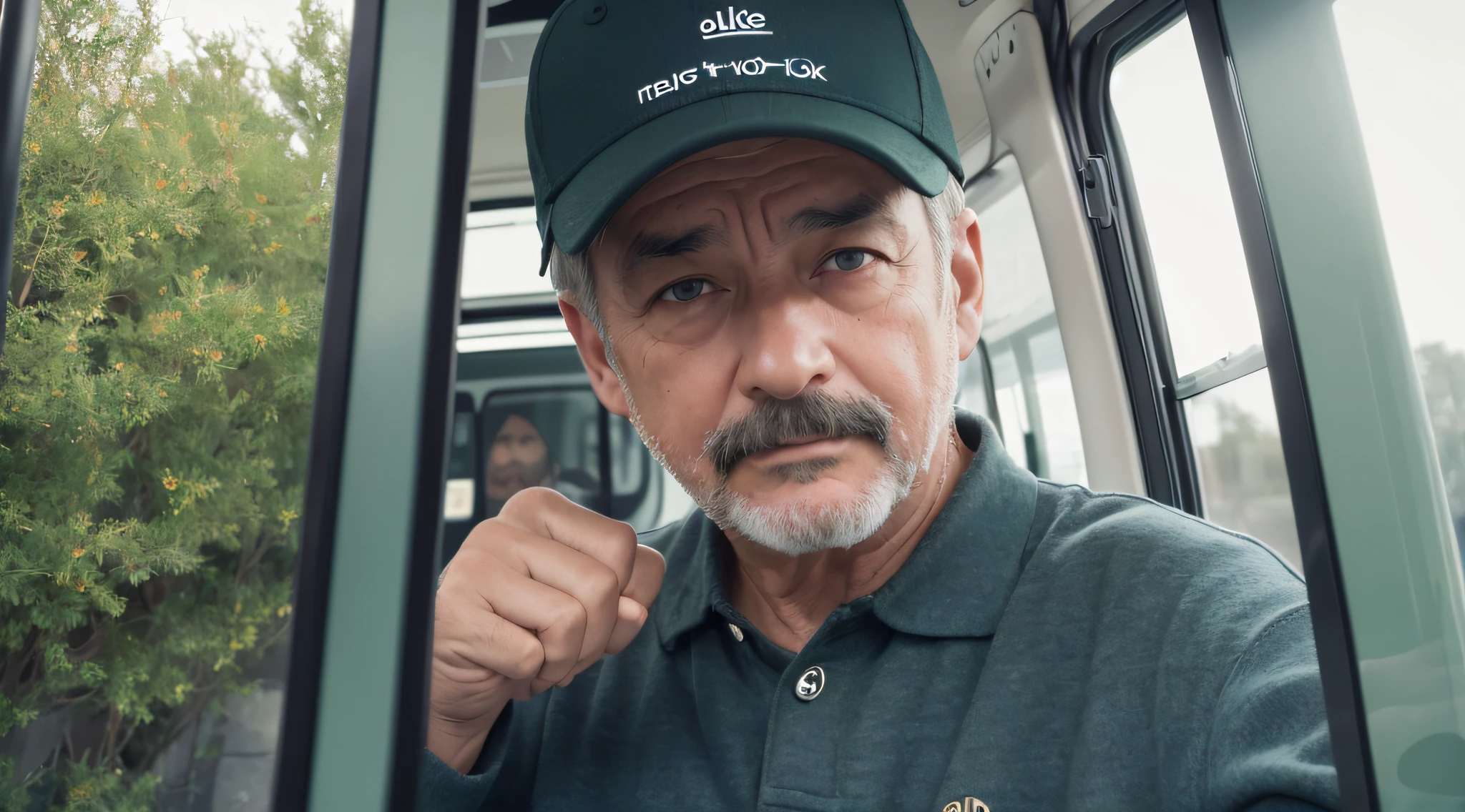 /imagine prompt: a middle-aged man, bus driver, mysterious facial expression, looking at the viewer from the front door of the bus, the bus is dark green