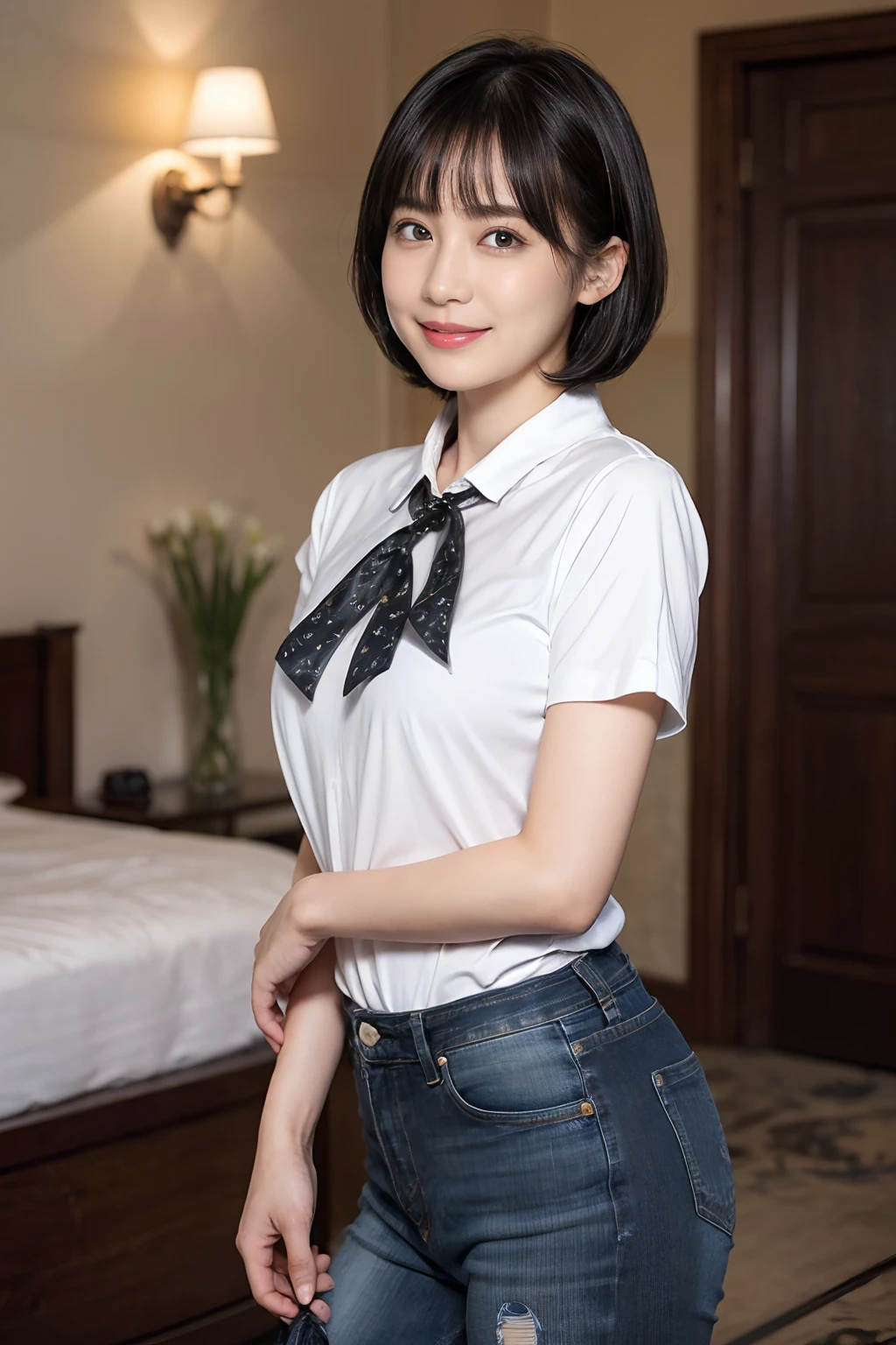((1womanl)), (((Black-short-hair))), (masuter piece:1,3)、top-quality、masterpiece、hight resolution、Original、highly detailed wallpaper、jeans、(tie up one's hair with a big ribbon), (A slight smil)、a small face、((full breasts))、(Graphic T-shirt with animal character printed)、(light on face)、Live-action style, Beautiful facial features, Luxurious large room, cowboy shot