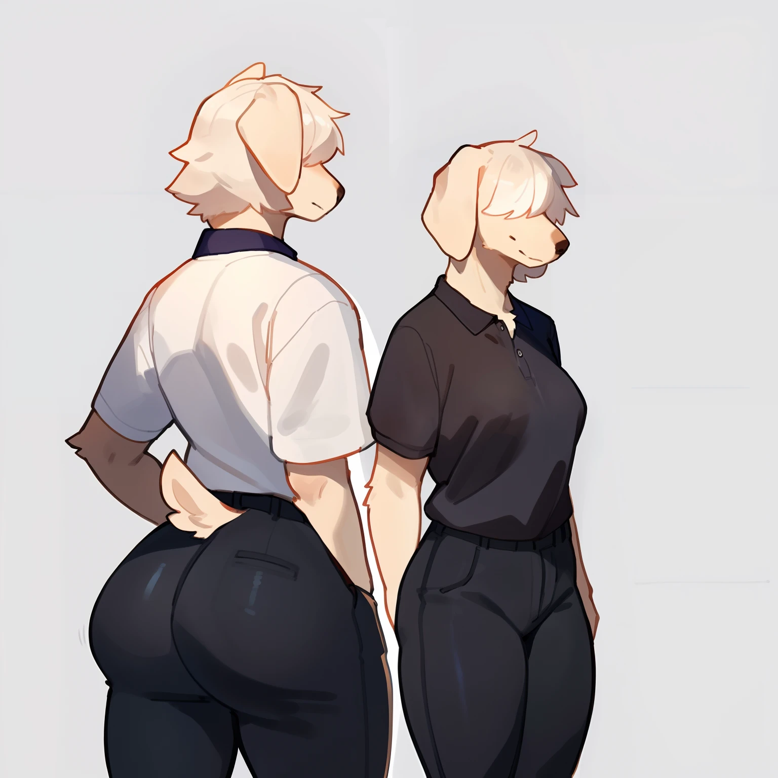 By bigcozyorca, by bebebebebe, by buta99, solo, female, (hair, snout), labrador, hair over eyes, bored, tall, big butt, looking at viewer, tight pants, polo shirt, standing