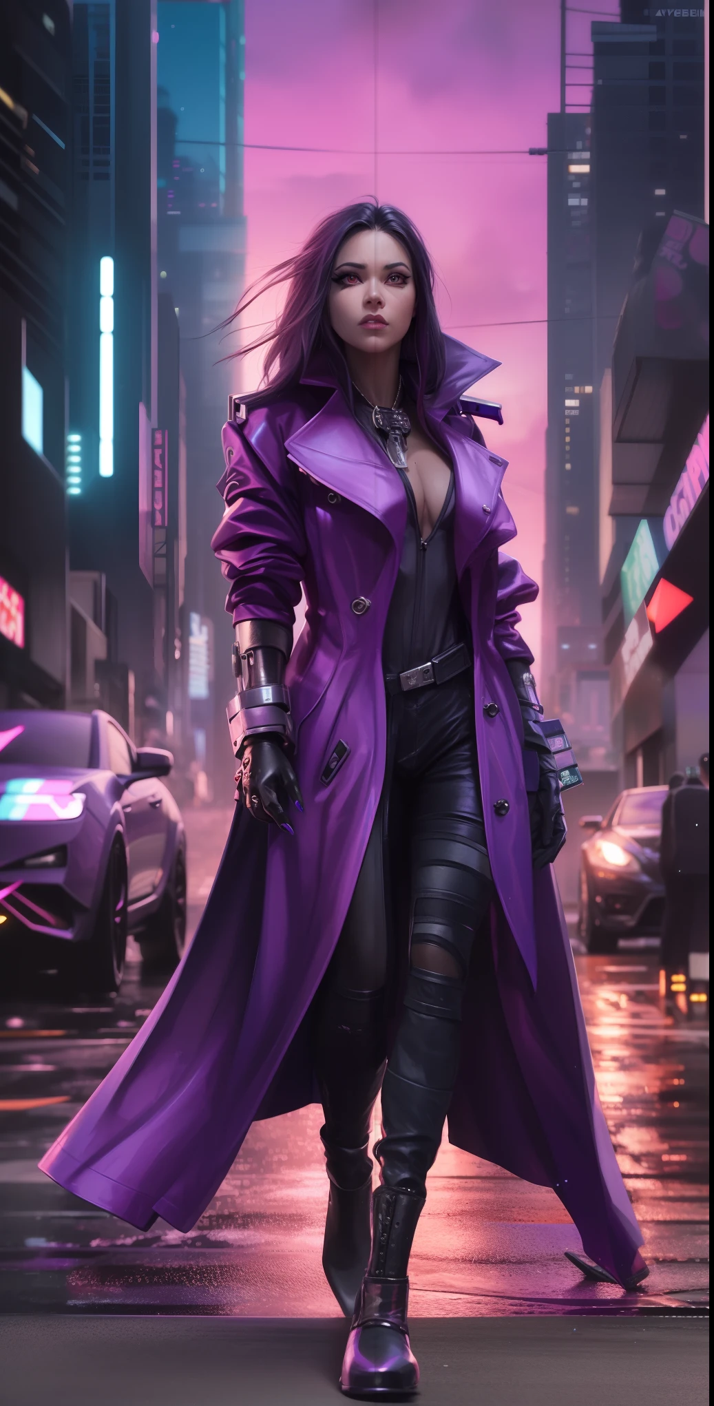 arafed woman in purple coat walking down street in city, cyberpunk judy alvarez, stylized urban fantasy artwork, in cyberpunk city, cyberpunk femme fatale, in the style artgerm, cyberpunk jackie welles, style artgerm, female cyberpunk anime girl, in style of artgerm, kate bishop, cyberpunk woman, purple cyberpunk city, cyberpunk girl