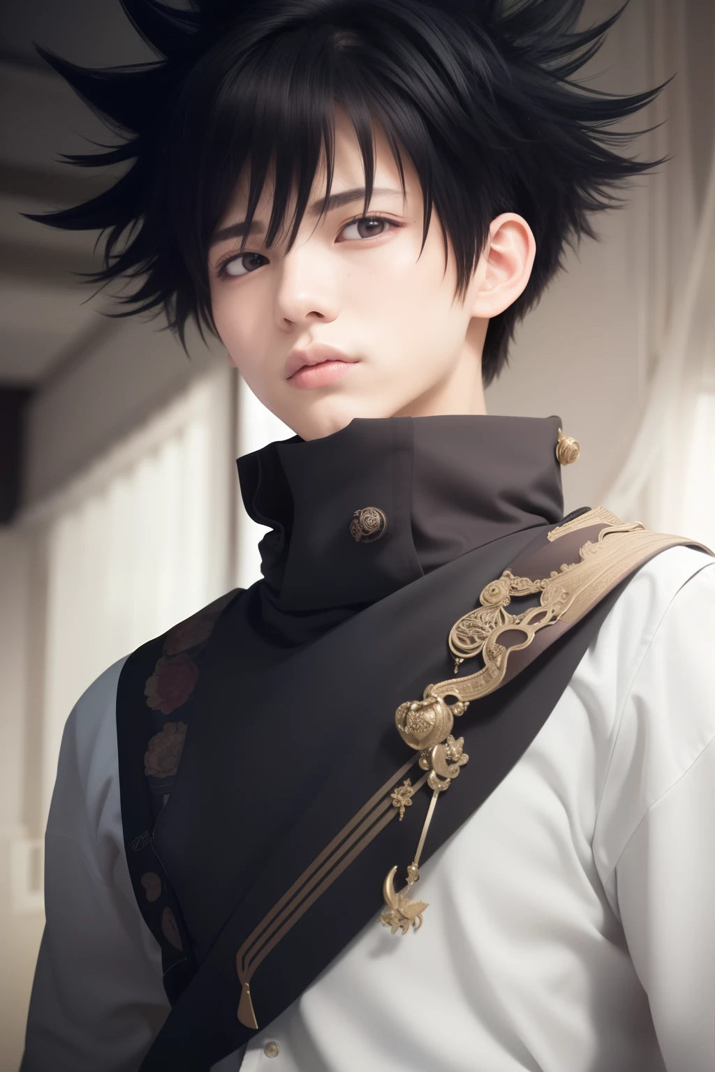 masterpiece, best quality, high quality, 1boy, solo, male focus, looking at viewer, upper body, fushiguro_megumi, black hair, spiked hair, Brown eyes