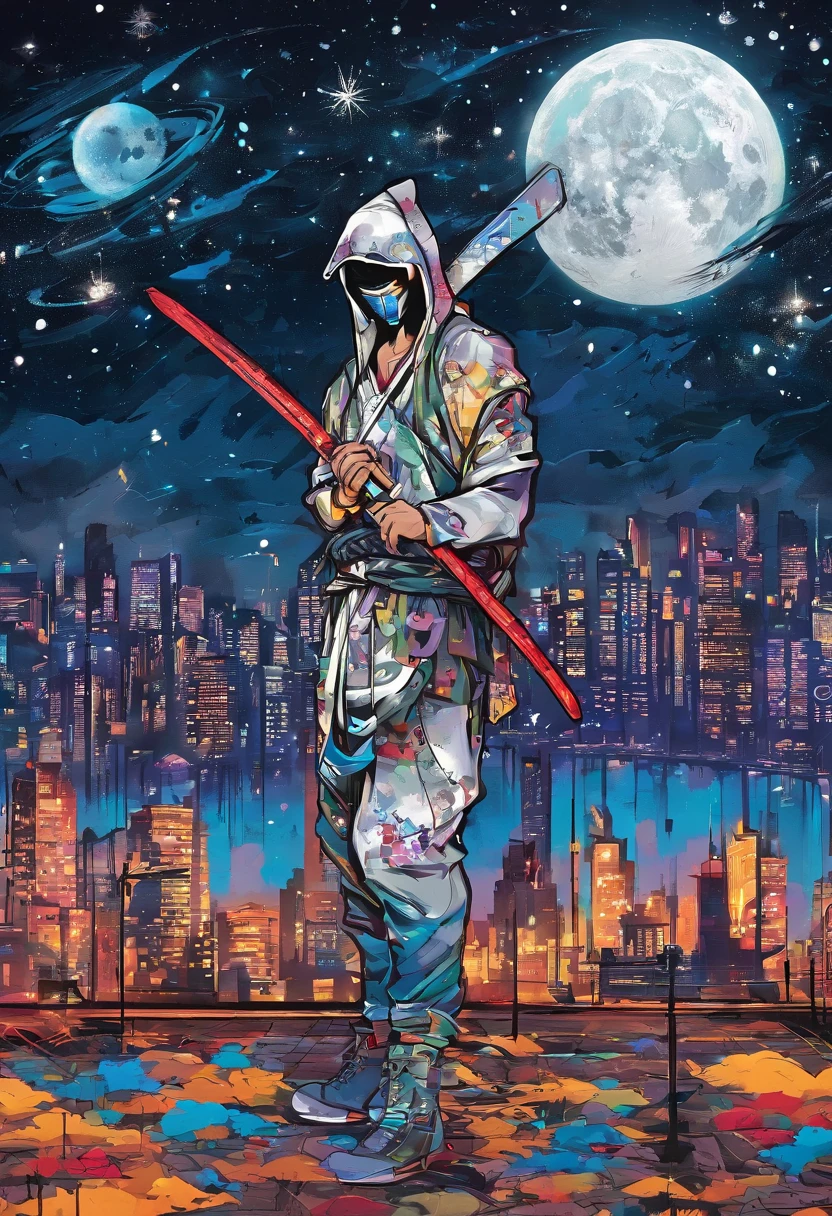 Lonely katana with katana, Starry skies and mist shroud the landscape.