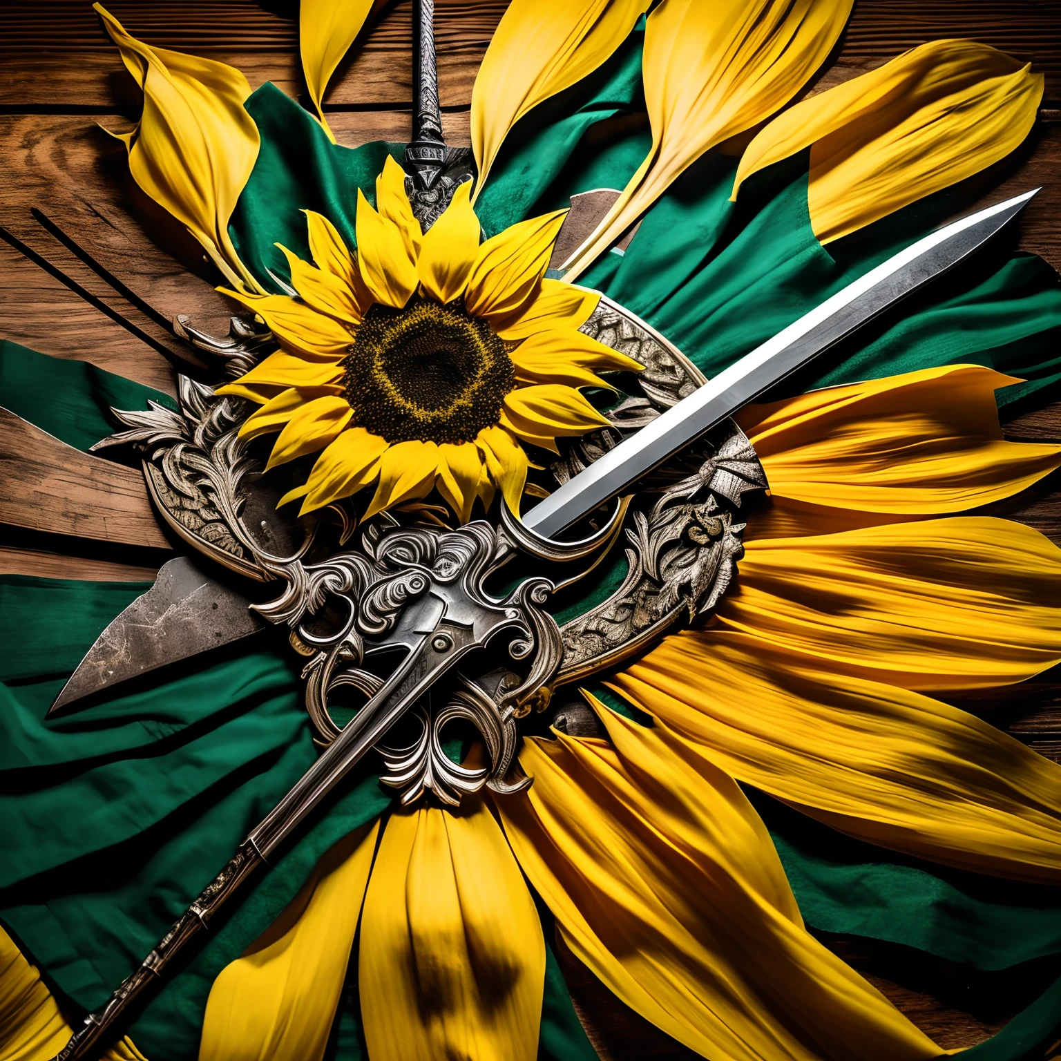 crie uma imagem de um espada medieval estilo romana jogada em um gramado esverdeado, Next to the sword I created a destroyed flag with the coat of arms of a sunflower, espada longa, Flag destroyed, will be the cover of a novel, 4k