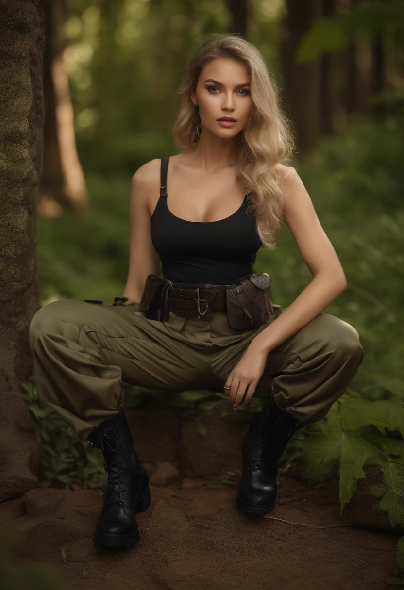 full body, female soldier wearing satin ultra loose harem cargo utility pants with pockets tucked into high heeled knee-high boots tank top and waist belt chest straps meticulously detailed full body view, Raw photography、22-year-old girl, (1girl in)、(realisitic)、(Photorealsitic:1.5)、lipstickornfreckles、(Raw photography、8K UHD、film grains)、Sharp eyeliner、Blush eyeshadow with thick eyelashes、extremely delicate and beautiful、8K、(Soft lighting)、hightquality、hight resolution、foco nítido、ighly detailed、during the day、(sunlight on face)、beatiful detailed eyes、 extremely detailed eye and face、masterpiece、(lighting like a movie)、(high-detail skin:1.2)、8K UHD、Digital SLR、Soft lighting、hightquality、film grains、masterpiece, top-quality, high quality, high resolution