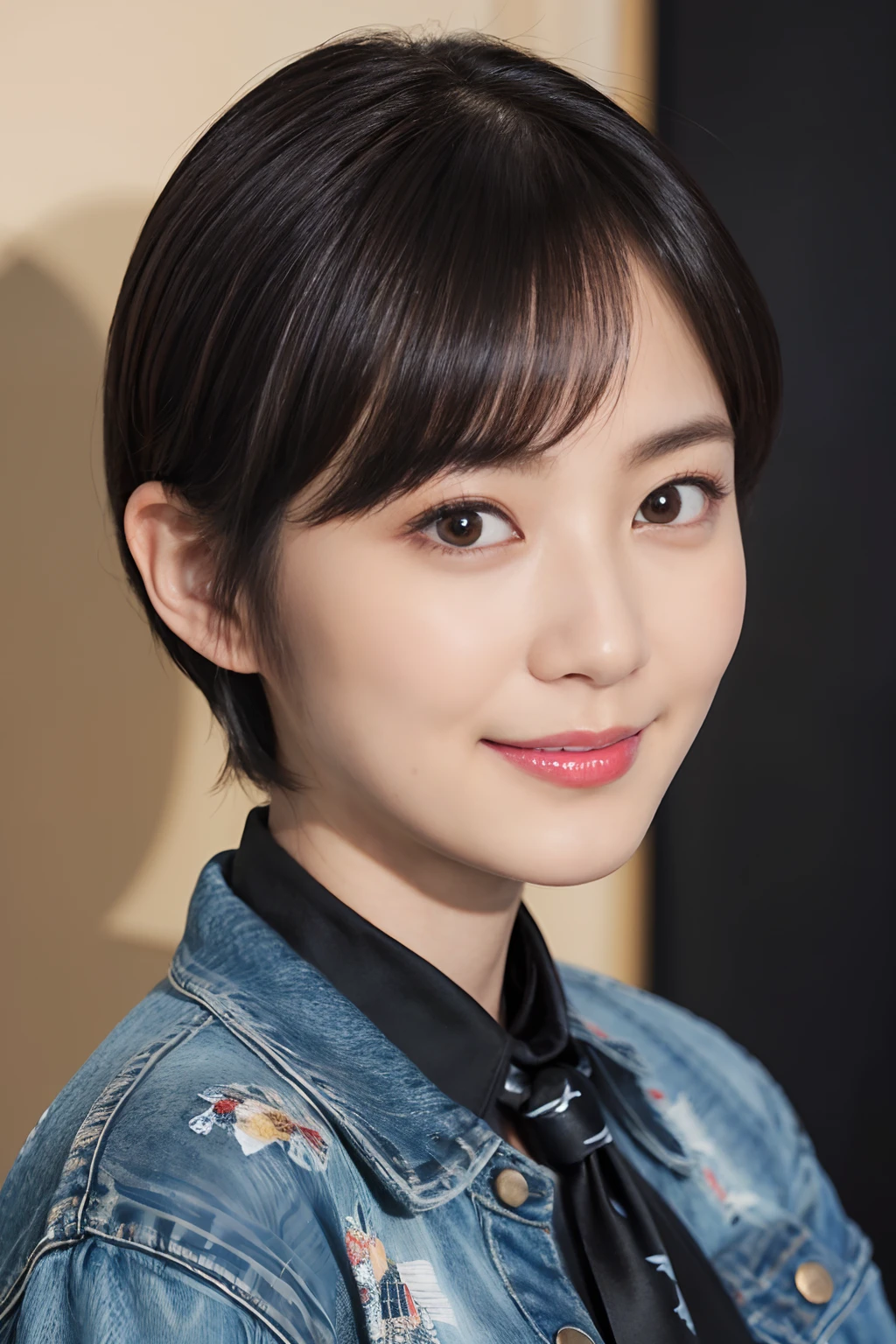 ((1womanl)), (((Black-short-hair))), (masuter piece:1,3)、top-quality、masterpiece、hight resolution、Original、highly detailed wallpaper、jeans、(tie up one's hair with a big ribbon), (A slight smil)、a small face、((full breasts))、(Graphic T-shirt with animal character printed)、(light on face)、Live-action style, Beautiful facial features, Luxurious large room, cowboy shot