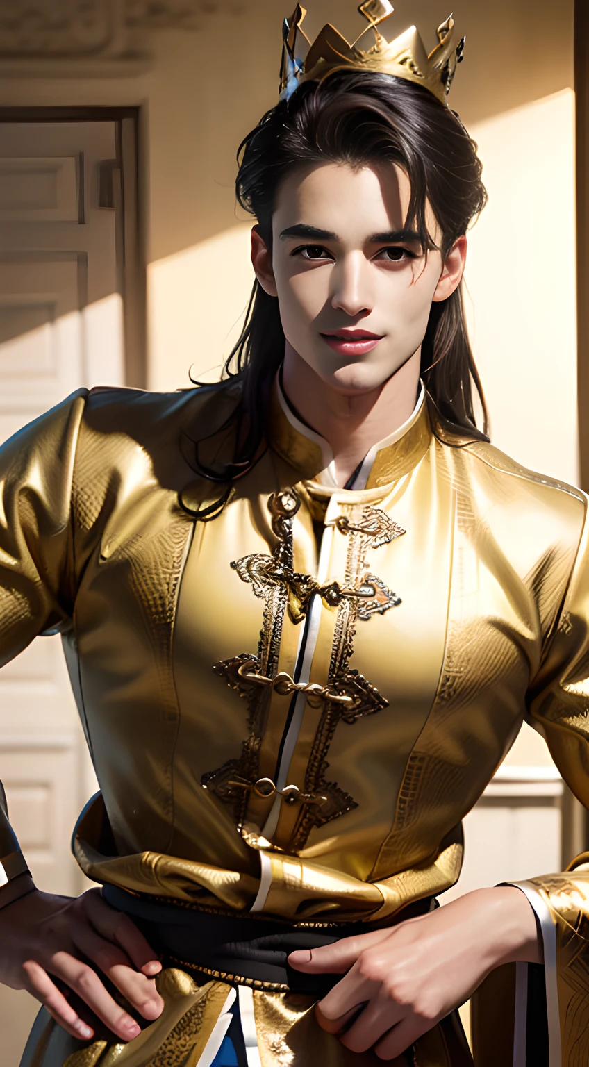 (((Men only))), ((head shot)), (face only), ((Pietro Boselli)),  ((wearing an black Indonesian traditional costume)), ((wearing a gold crown on his head)), (Indonesian traditional costume reflects the diverse cultures of the nation, featuring vibrant fabrics, intricate patterns, and often includes a kebaya (blouse) for women and a batik shirt for men, with accessories such as sarongs and headpieces, creating a rich tapestry of heritage attire), ((Handsome muscle man in his 20s)), (Big smile), (detaile: 1 in 1), Natural muscles, HIG quality, beautidful eyes, (Detailed face and eyes), (Face、: 1 / 2), Noise, Real Photographics、... ......................................................................................................................PSD, Sharp Focus, High resolution 8K, realisitic & Professional Photography, 8K UHD, Soft lighting, High quality, Film grain, FujifilmXT3