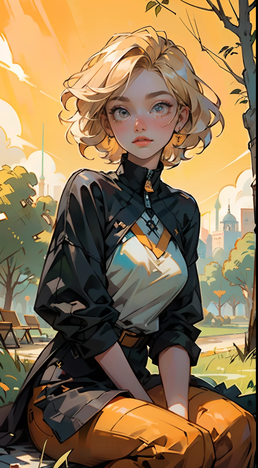 4K, high resolution, Best quality, Masterpiece, perfect, really orangy warm colors, perfectly shaded, Perfect lighting, posted on e621, ((greg capullo style)), masterpiece, digital paint, (close up, Cute girl, 20 years old, blond short hair, big cute eyes), sitting in the grass in a hide park in London. 1990s \(style\),