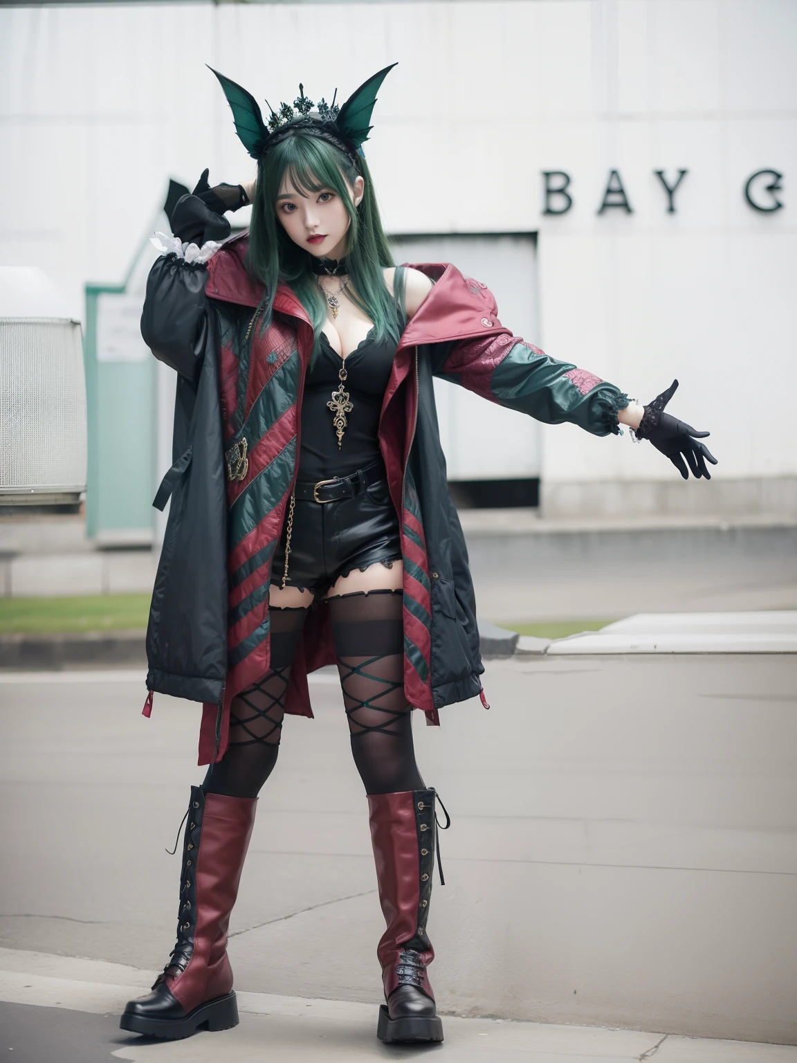 Queen of Gothic fashion、large full breasts、beautiful foot、long-haired blue-green color、Jacket with decoration、Good Style、、fishnet tights、Shorts
