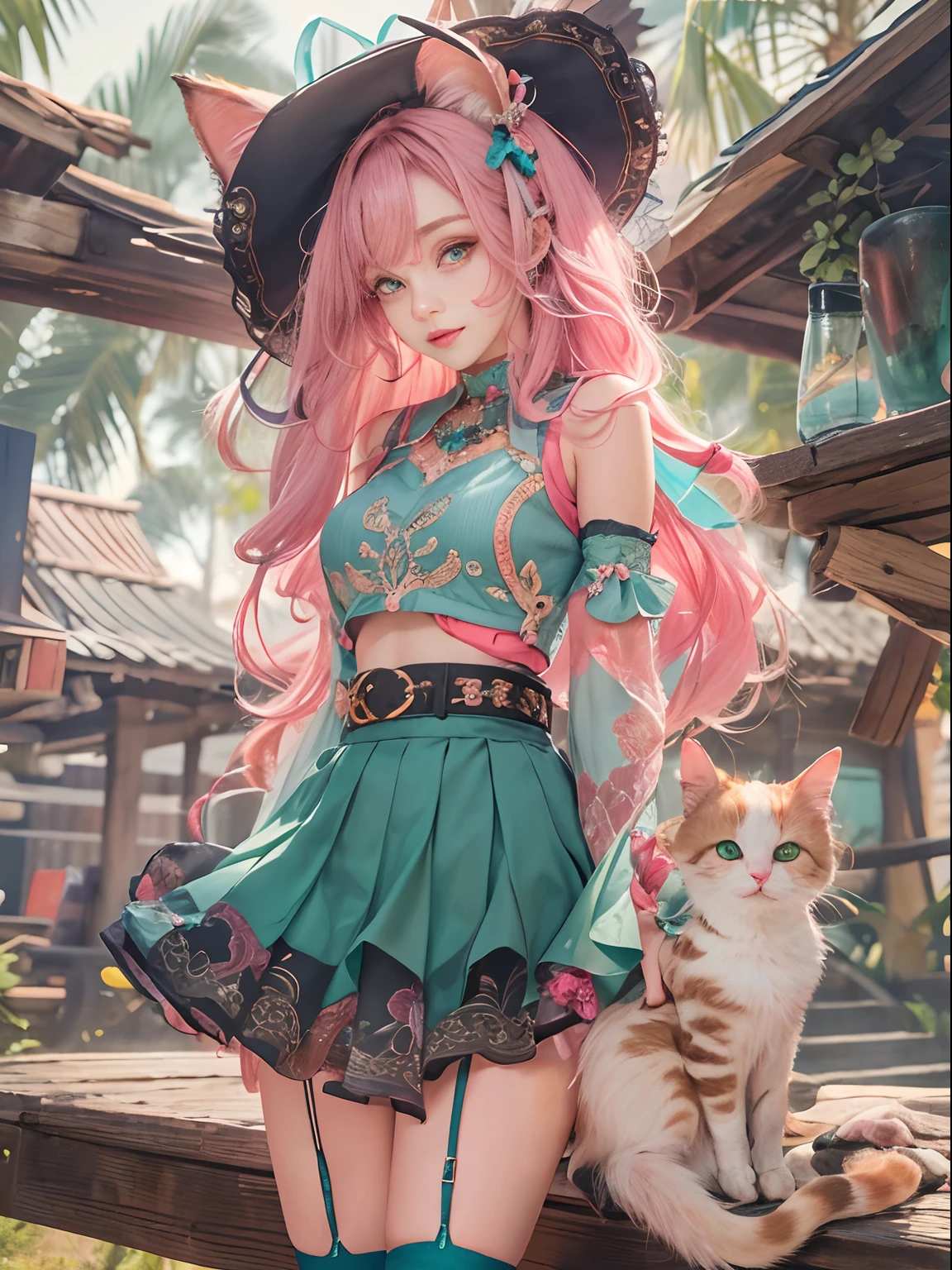 intricate details, 1girl, dionadef, aged up, absurdly long pink hair, calico cat ears, detailed teal green eyes, detailed crop top, detached sleeves, midriff, detailed skirt, detailed stockings, outside, nature, detailed background, cowboy shot